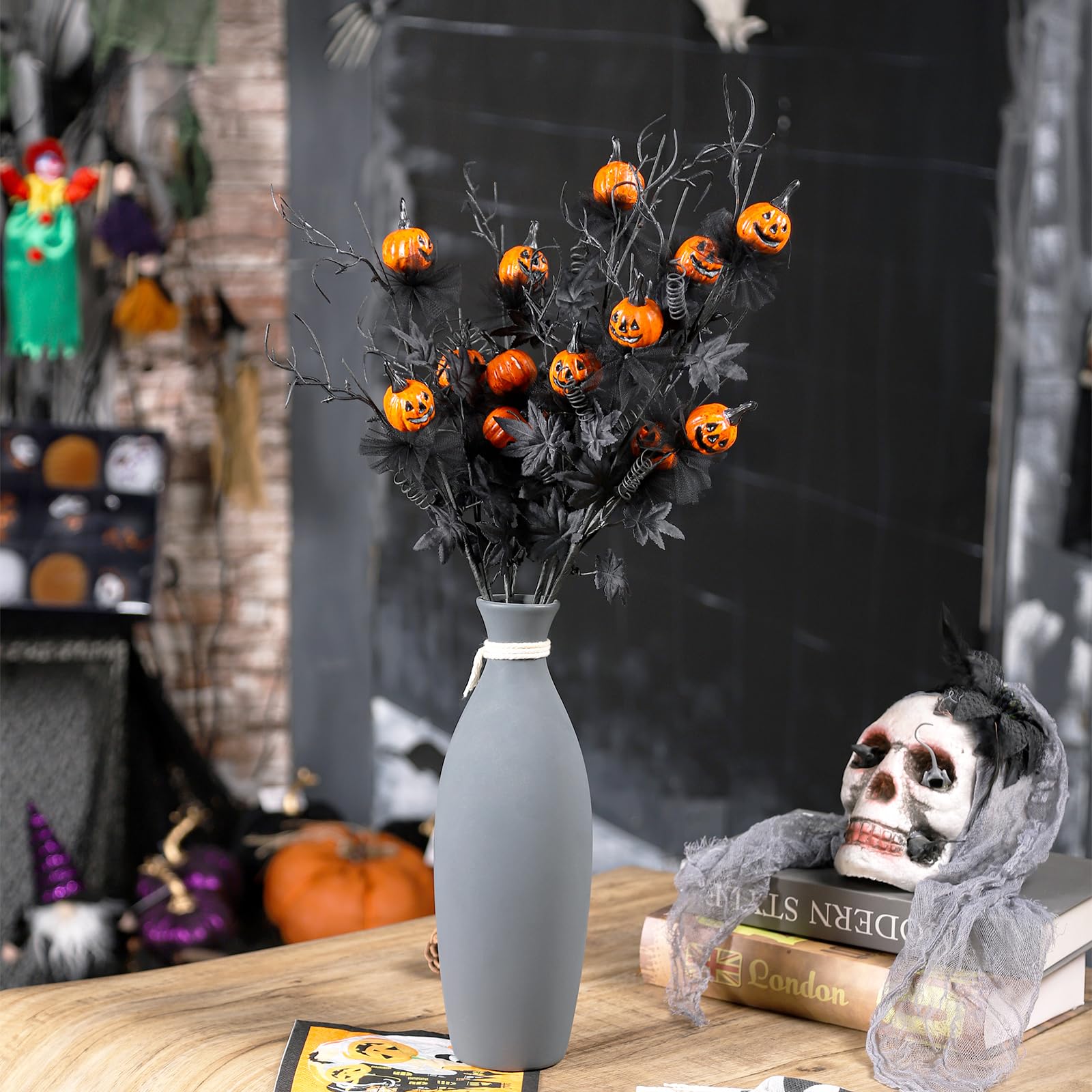 Artificial Pumpkin & Maple Leaf Stems – 5-Piece Halloween Floral Decoration Set (Black/Orange, 19.5”)