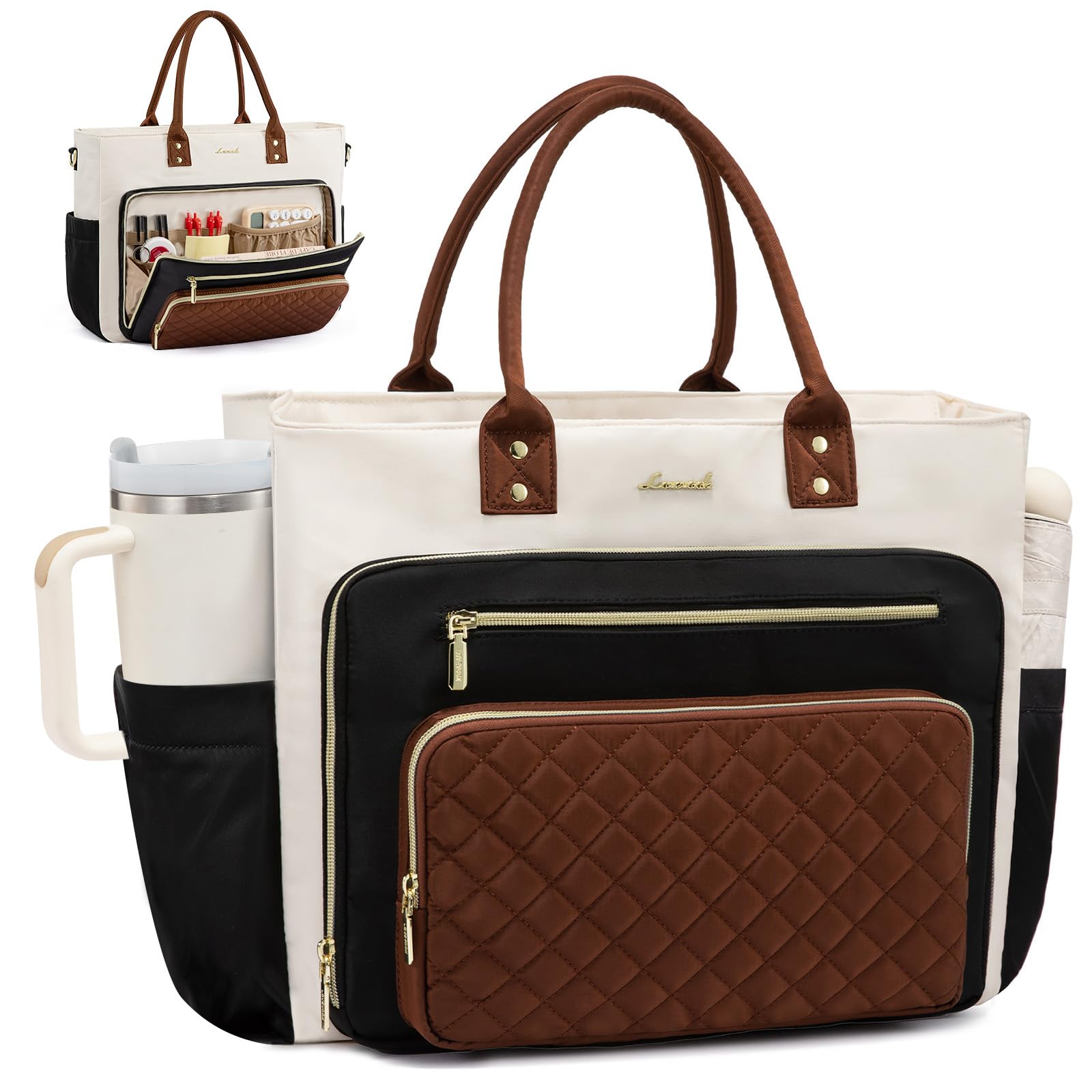 LOVEVOOK Teacher Tote Bag for Women – 15.6” Laptop Work Tote with Large Cup Holder, Multi-Pocket Organization & Luggage Sleeve (Black/Beige/Brown)
