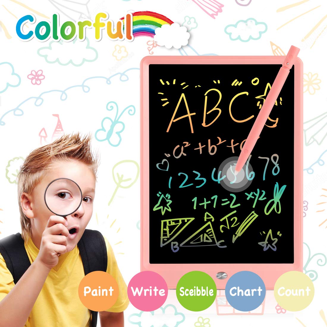 ORSEN 10” Color LCD Writing Tablet for Kids – Reusable Doodle Drawing Board with Eye-Safe Screen (Pink)