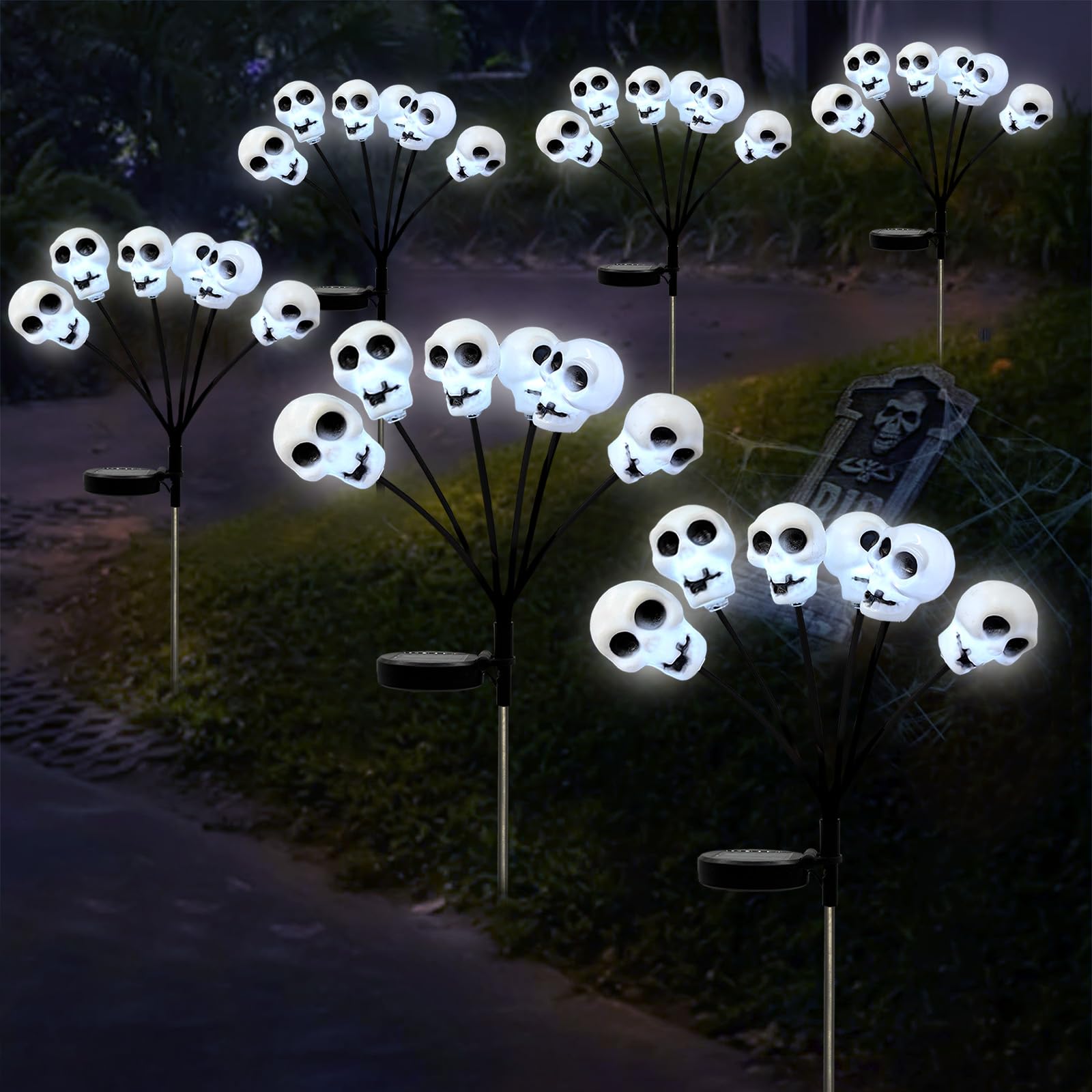 Solar Skull Pathway Lights – Cool White LED Halloween Yard Decorations with Twinkle & Steady Modes (4-Pack, SP-25)