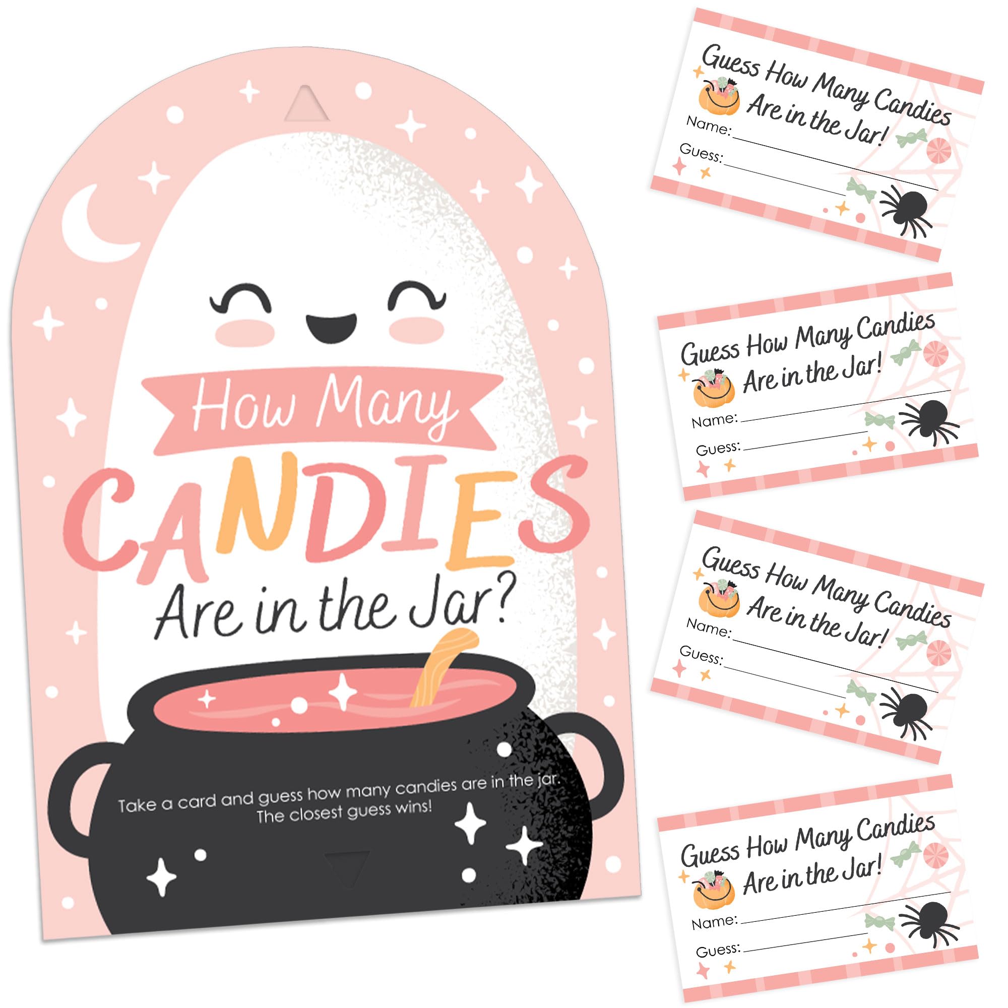 Pastel Halloween Candy Guessing Game – Pink Pumpkin Party Sign with 40 Guess Cards for Cute Halloween Events & Fall Celebrations