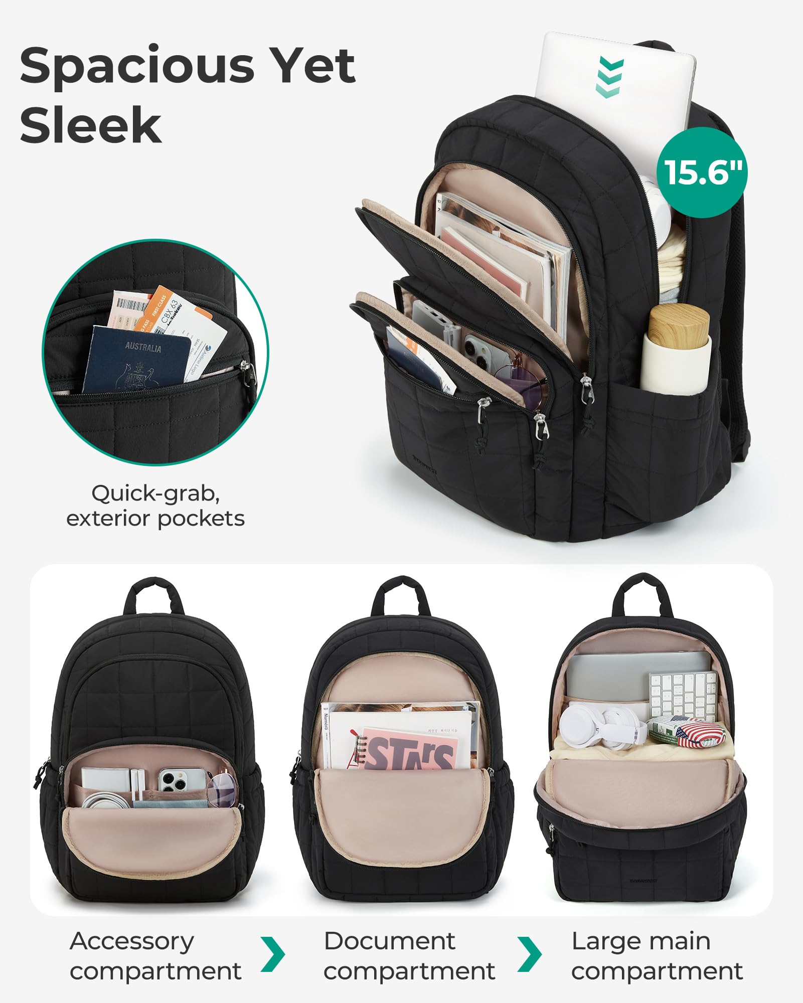 BAGSMART College Laptop Backpack for Women with Quilted Design, Water-Resistant Bookbag for 15.6 Inch Laptop