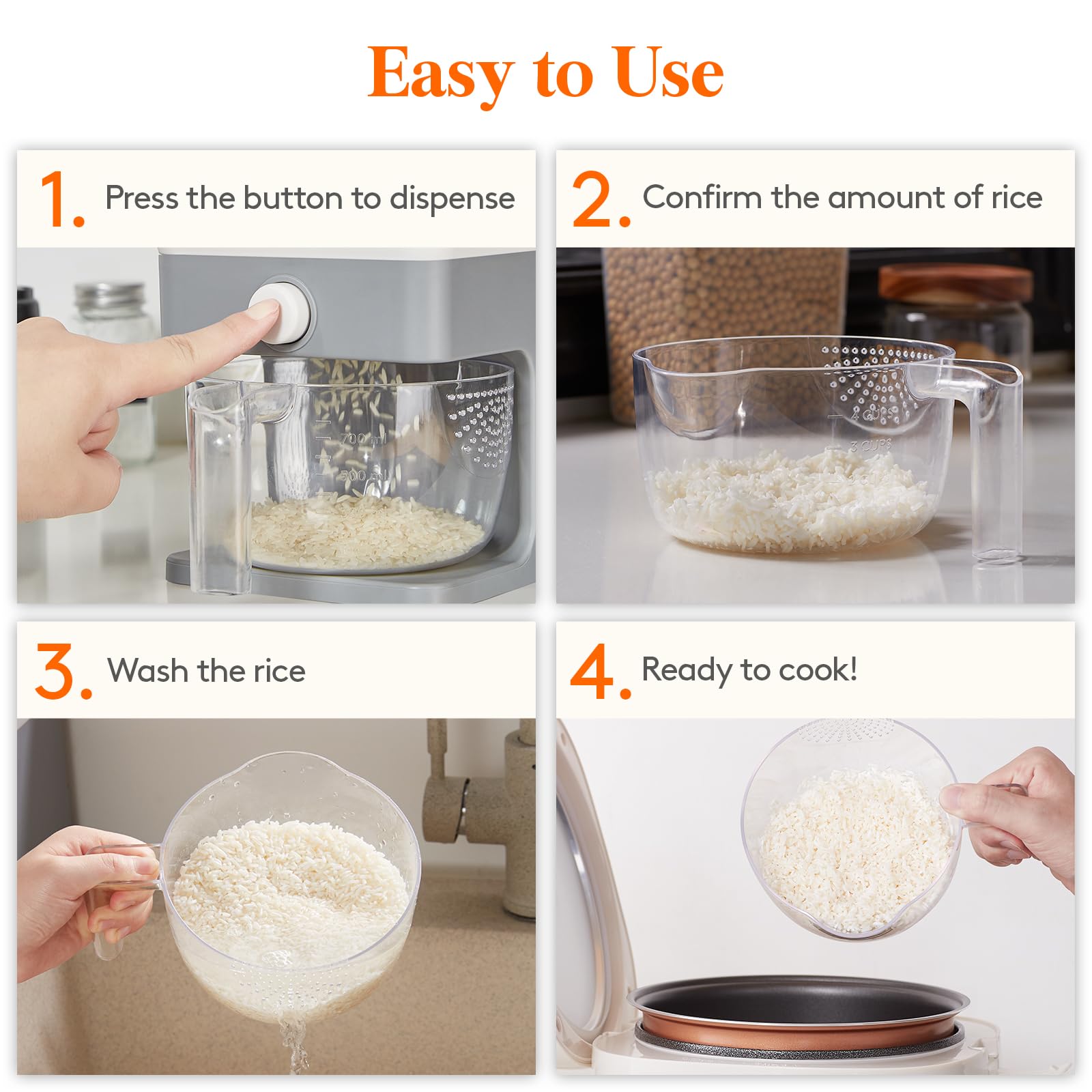 Large Capacity Rice Storage Dispenser – 25.4 lb Airtight Grain Container with Measuring Cup (Light Grey)