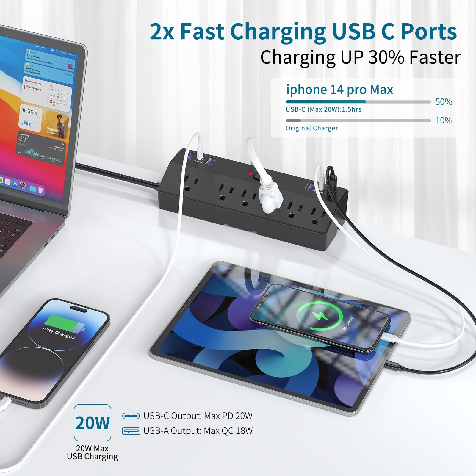 Desk Clamp Power Strip with 40W USB-C Fast Charging & 6 Outlets – Surge Protected Desktop Mount Extension Hub Black