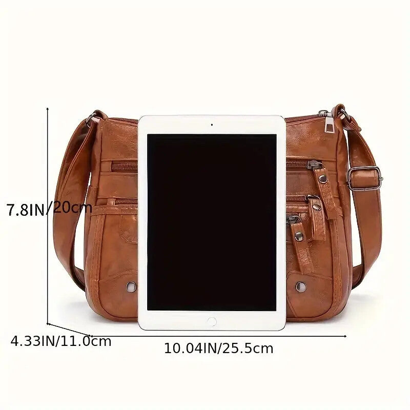 Women’s Large Capacity Shoulder Bag – Washed Leather Messenger with Multi Zipper Design