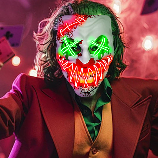 LED Light-Up Clown Mask 2024 – Red & Green Evil Smile Purge Mask with 3 Lighting Modes for Halloween & Parties