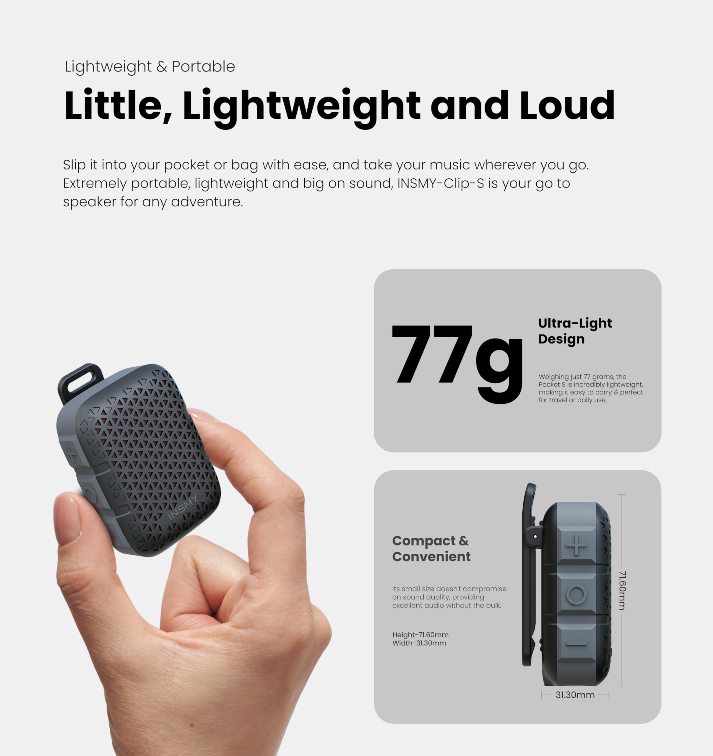 INSMY Mini Bluetooth Speaker – Waterproof Clip-On Portable Speaker with Carabiner