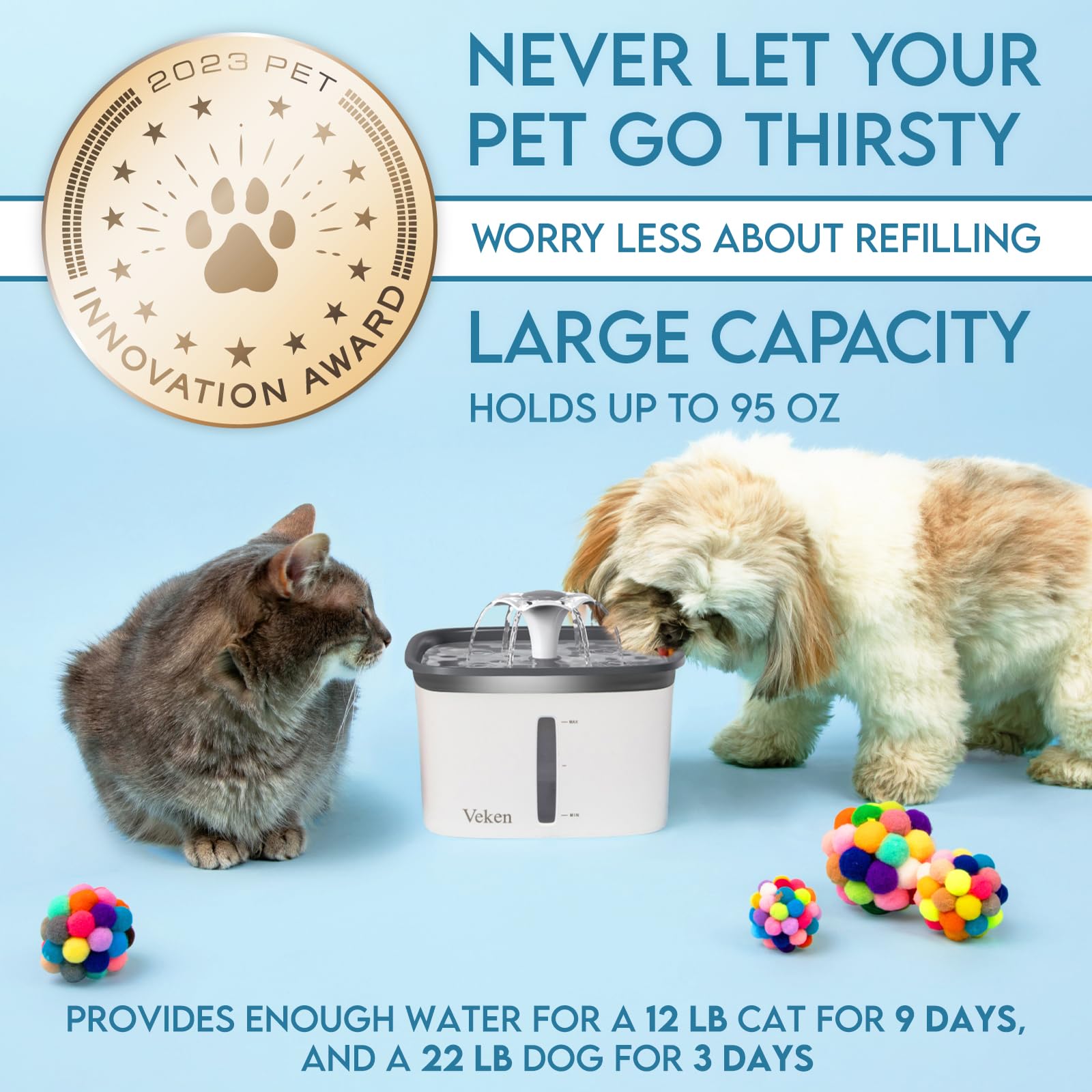 Veken Award-Winning Pet Water Fountain – BPA-Free 5-Stage Filtration with LED Water Level Window