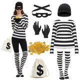 Women’s Classic Burglar Costume Set – Black & White Striped Halloween Outfit with Mask, Hat, Gloves & Coin Bag