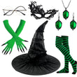 Green Witch Costume Accessories Set – 7-Piece Complete Halloween Kit with Hat, Gloves, Glasses, Stockings, Mask & Jewelry