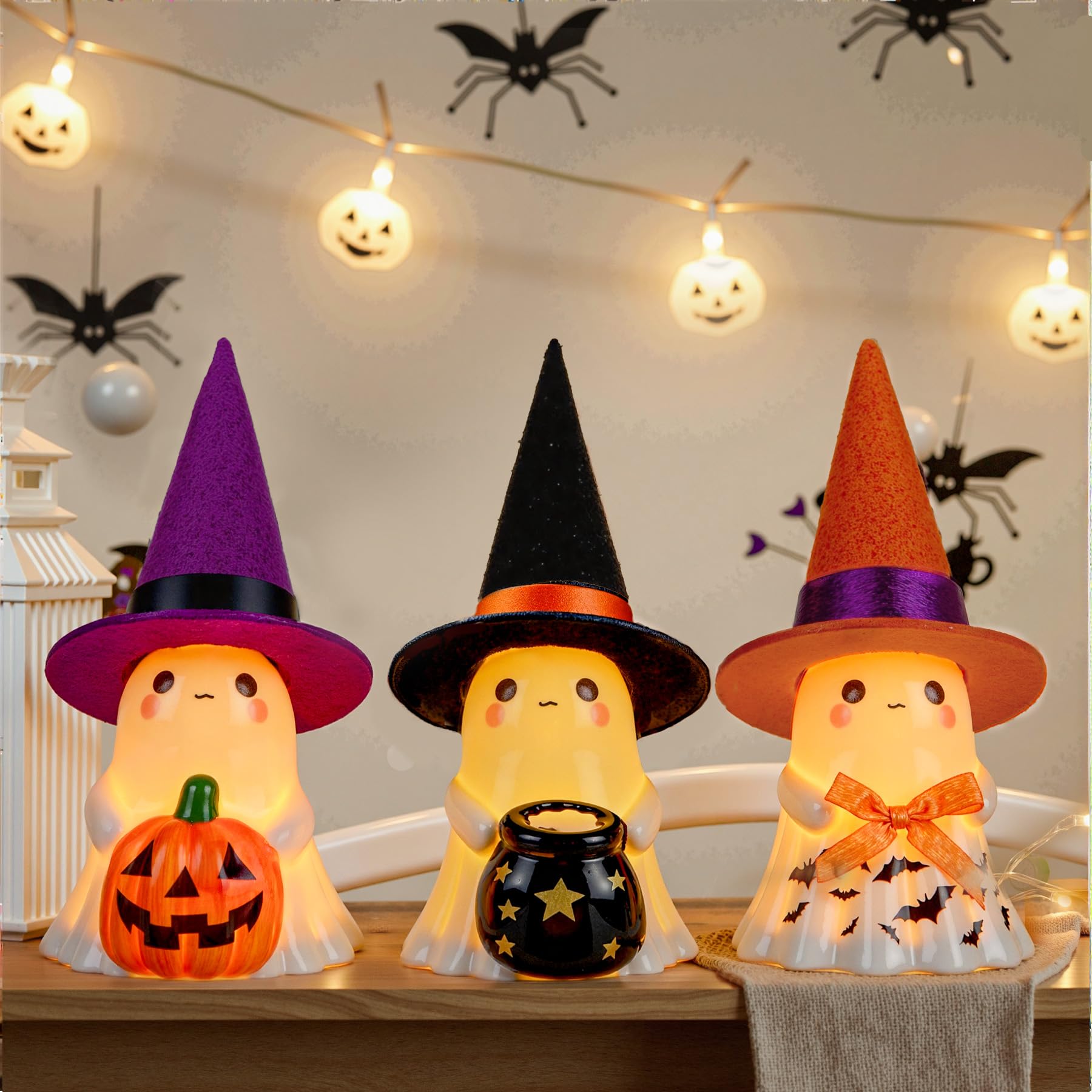 Set of 3 Ceramic Ghost Figurines with Colorful Hats – Cute Halloween Tabletop Decorations for Home, Mantel & Party