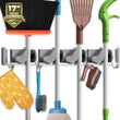 HOLIKME Wall-Mounted Mop & Broom Holder – Metal Tool Organizer with 4 Slots & 4 Hooks, No-Slip Design (Silver)