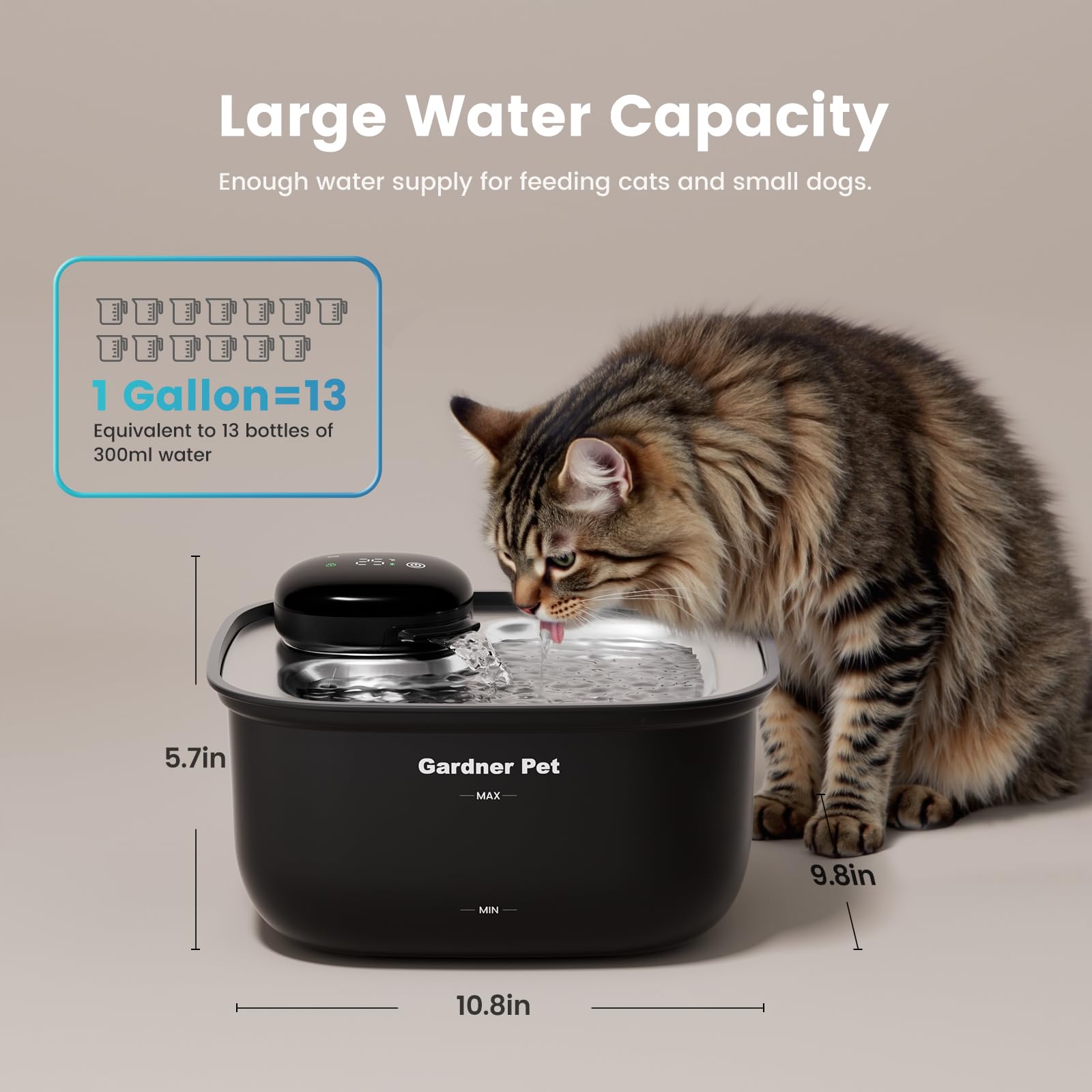 Cordless 5000mAh Cat Water Fountain with Stainless Steel Tray – 3 Flow Modes & 30-Day Battery (Black)