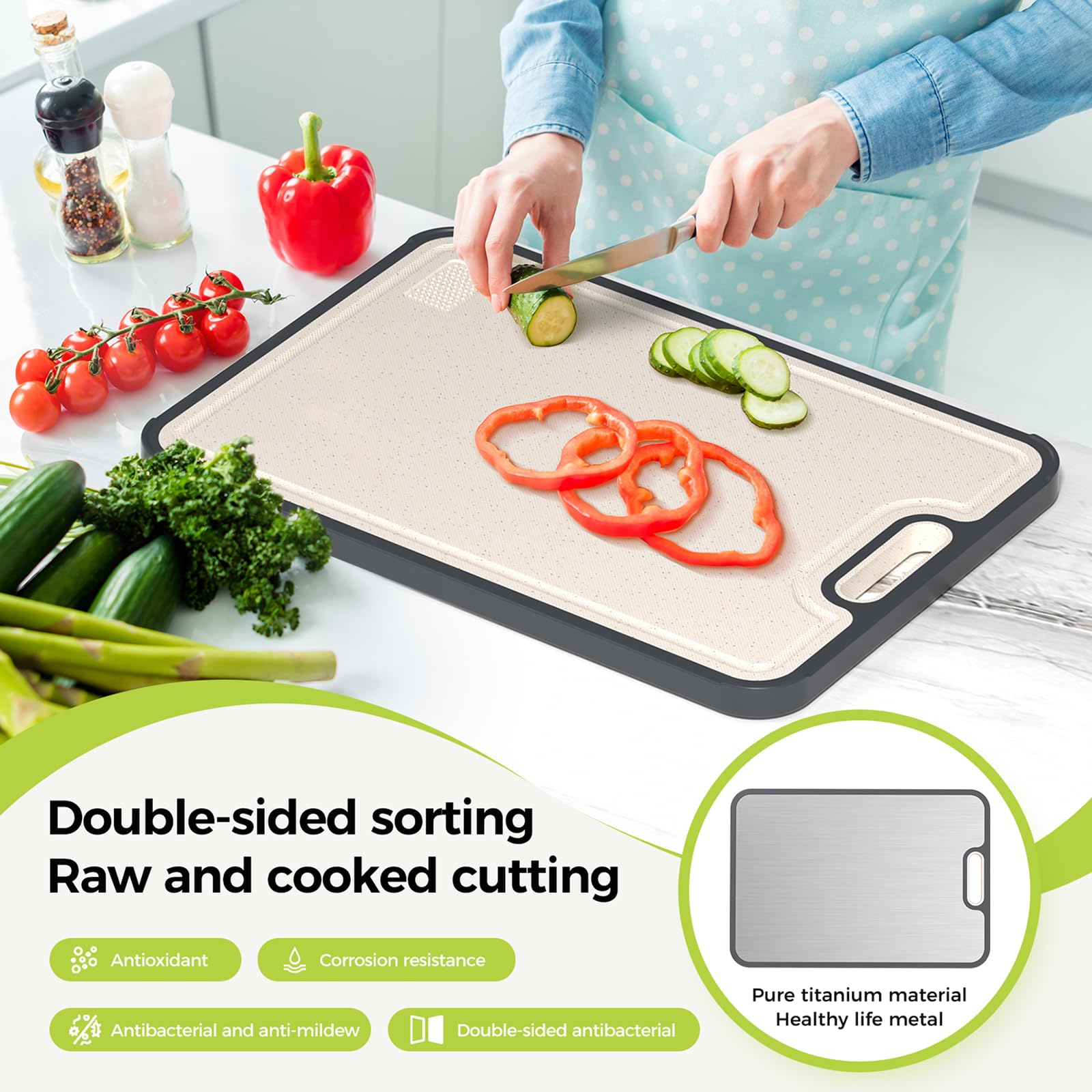 Double-Sided Pure Titanium Cutting Board with Juice Groove & Garlic Grinder – 16×11 in