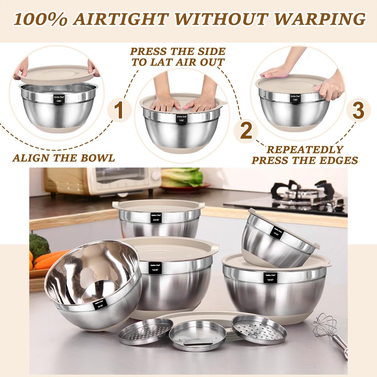 5-Piece Stainless Steel Mixing Bowl Set with Graters & Airtight Lids – Non-Slip Silicone Base