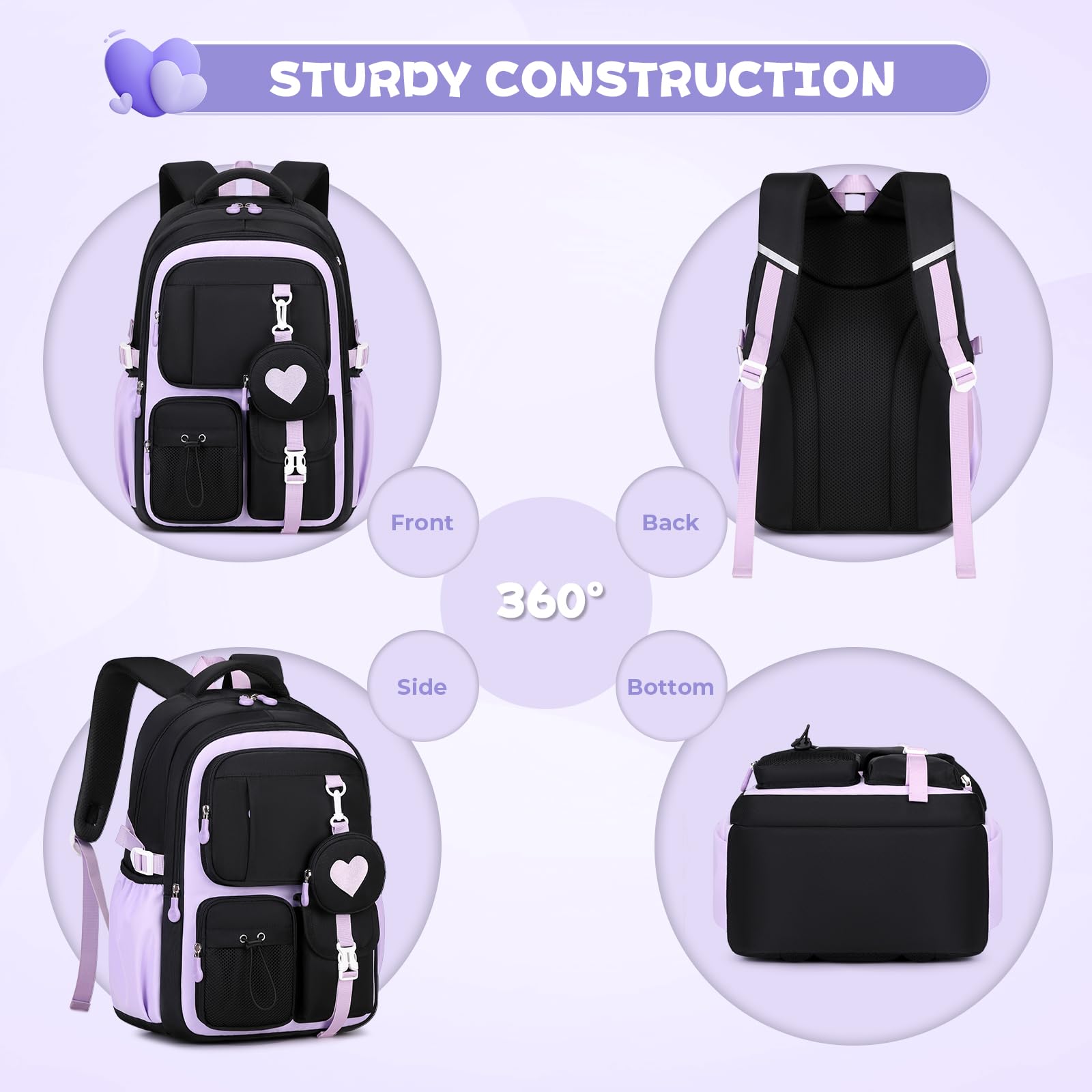 Moonbaby Girls School Backpack 15.6 Inch – Lightweight Waterproof Bookbag for Ages 8–12