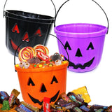 Jack-O’-Lantern Pumpkin Pail – Reusable Plastic Trick-or-Treat Bucket (Black, Purple & Orange, 6x7 Inch)
