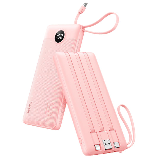 VRURC 10000mAh Portable Power Bank with Built-in Cables, LED Display & Multi-Device Fast Charging – Compact Travel Charger Pink