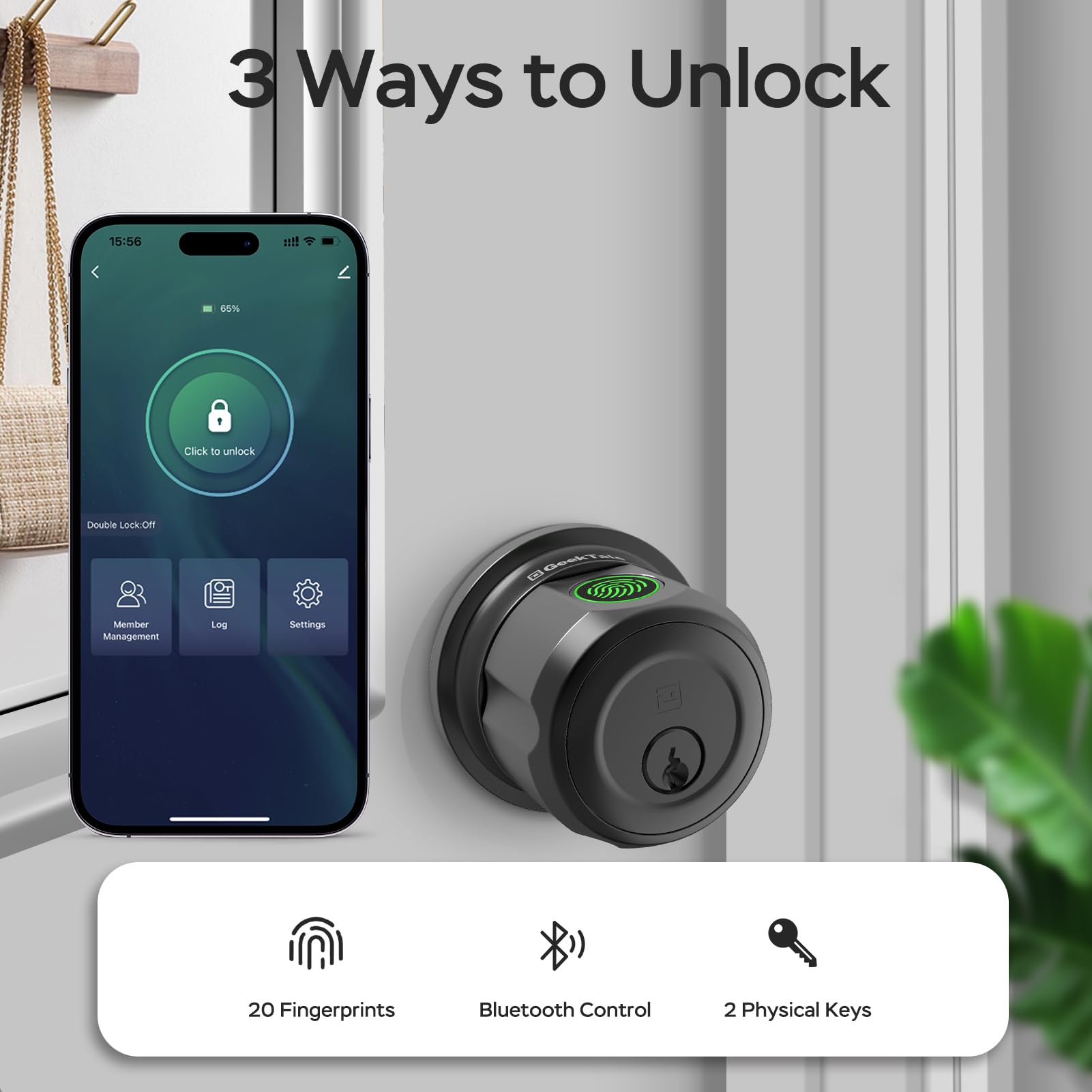 Smart Fingerprint Door Lock with Bluetooth App & Key Access, Rechargeable Digital Door Knob Lock with Voice Control Support