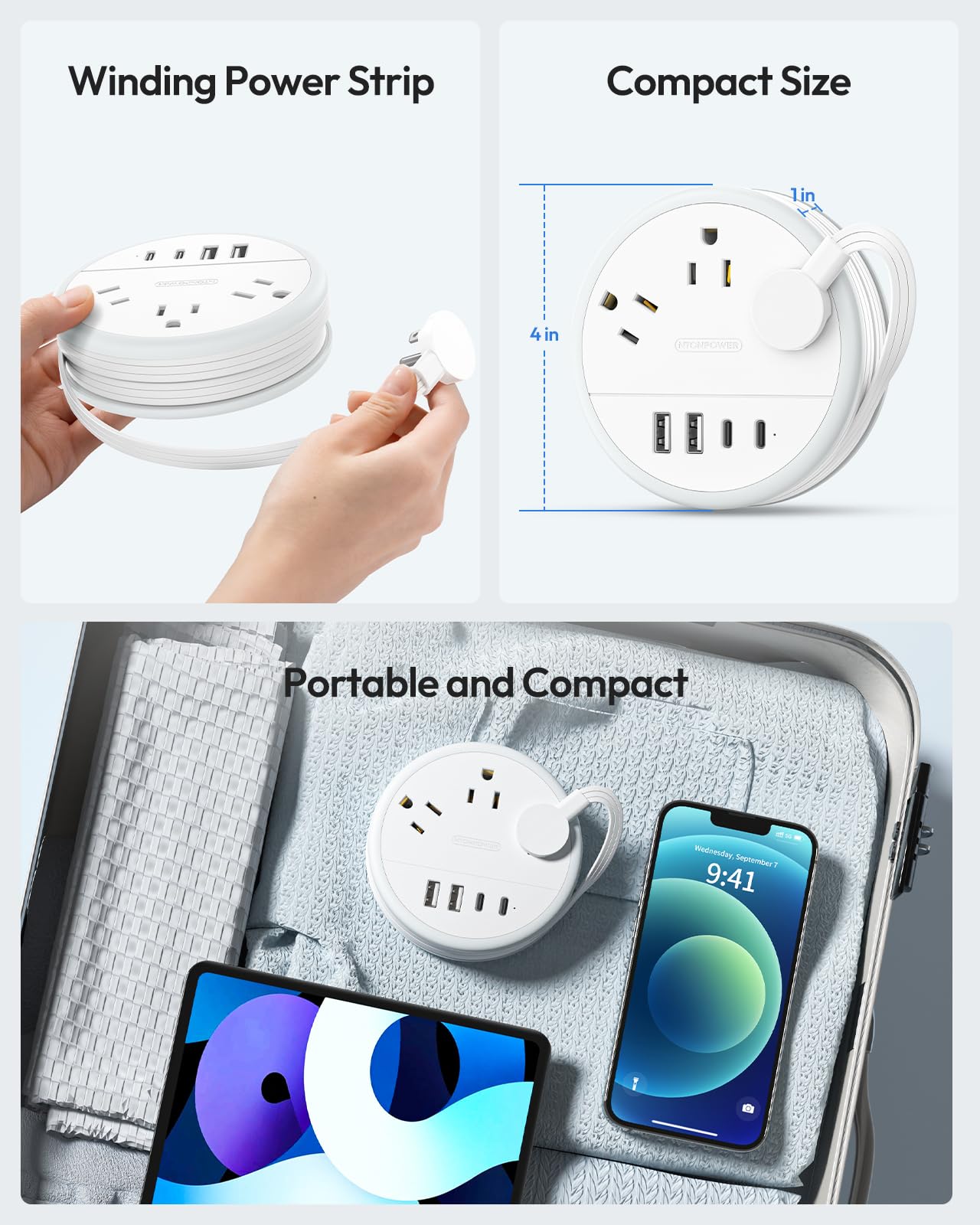 Compact Travel Power Strip with USB-C – 7 Device Charging Station, Ultra Thin Flat Plug & 4ft Wrap Cord for Hotels, Cruise & Home Use