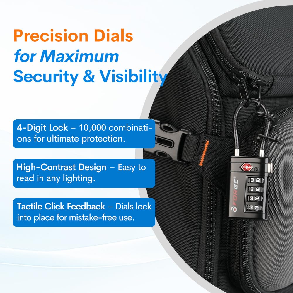 Forge Optimus TSA008 Cable Luggage Lock 2 Pack, Heavy Duty 4-Digit Combination Travel Security Lock with Open Alert Indicator