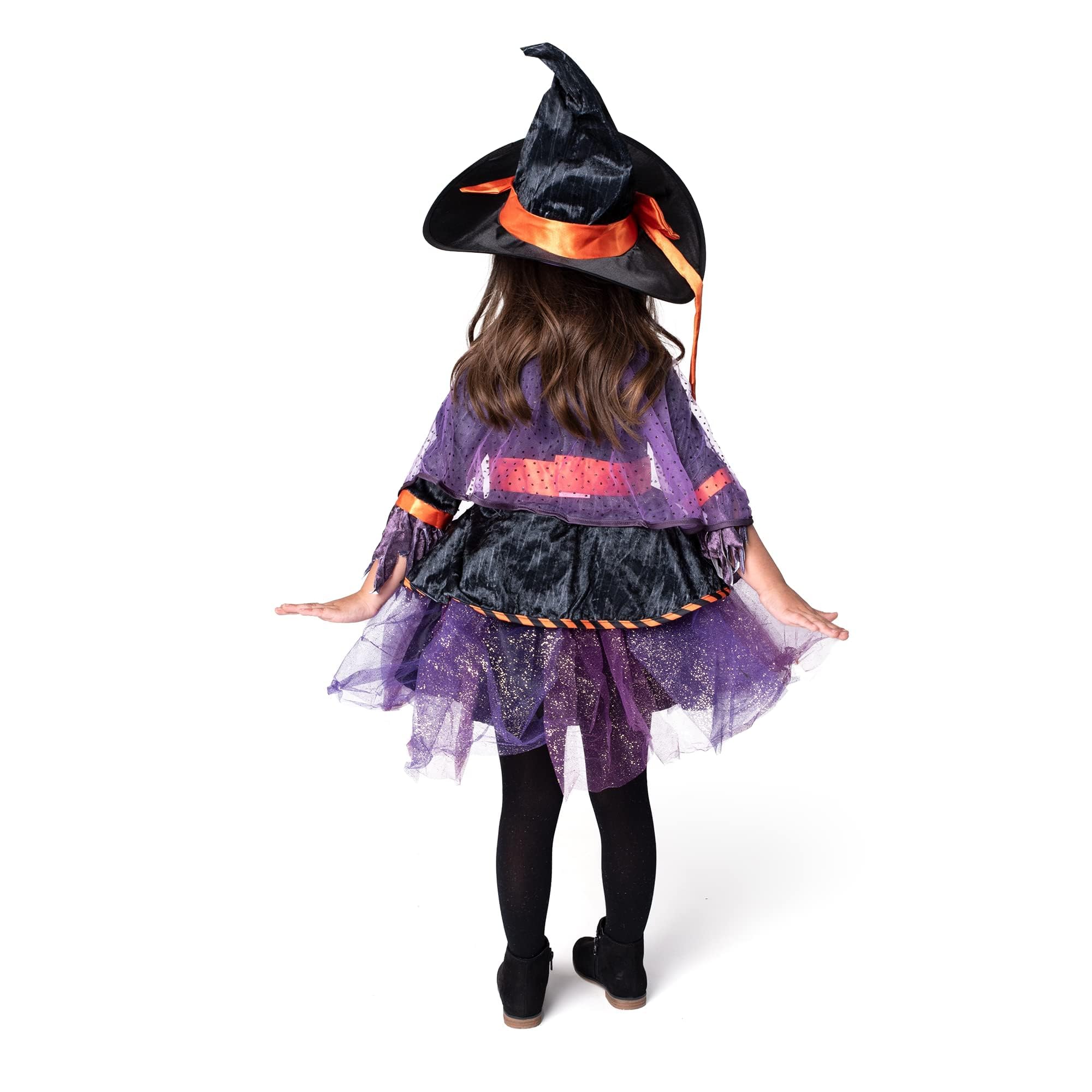 Purple Witch Costume for Girls – 5-Piece Halloween Dress-Up Set with Hat, Cape, Belt & Ribbon Broom