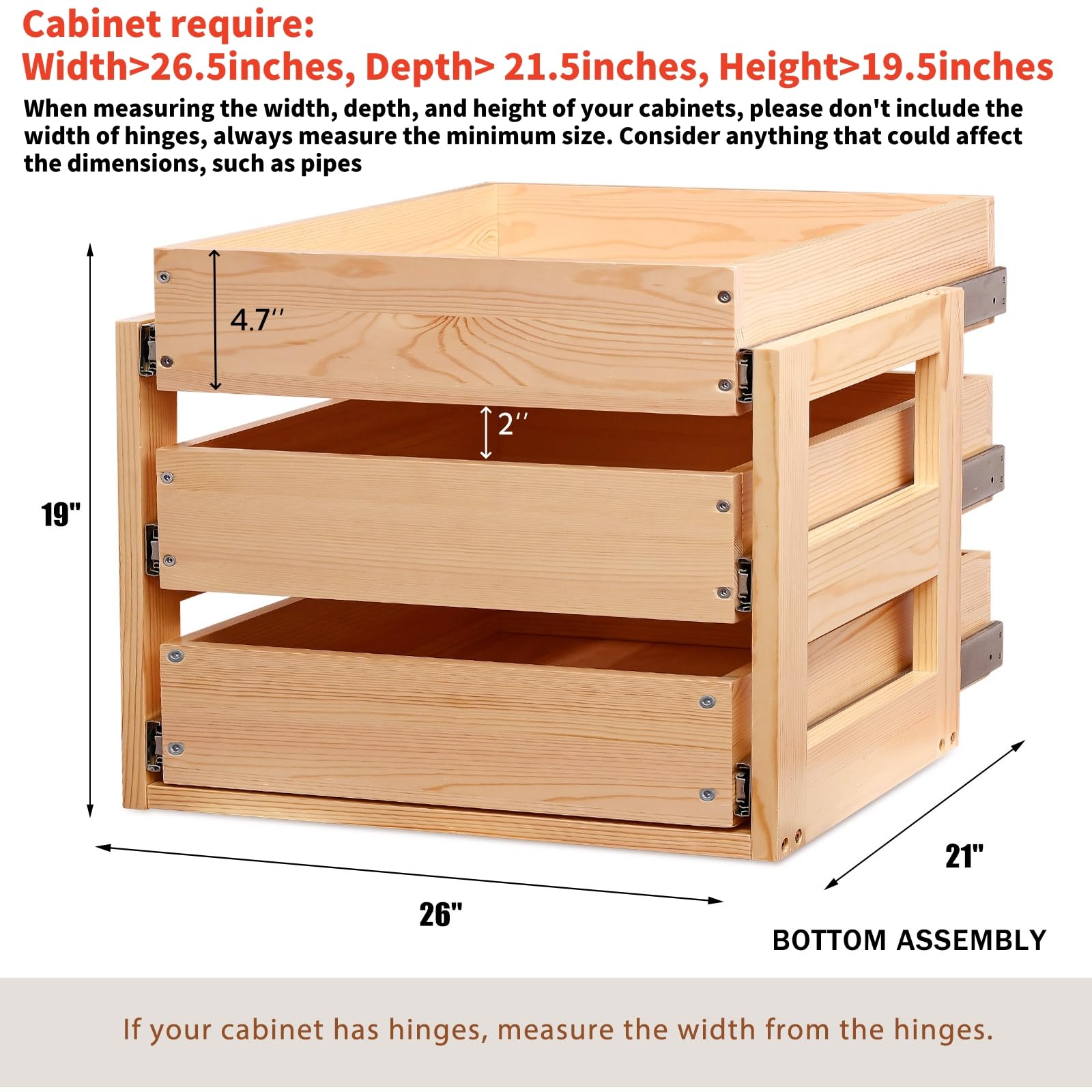 Mulush 3-Tier Pull-Out Wooden Cabinet Drawers with Soft-Close Slides – Heavy-Duty Kitchen Storage Organizer