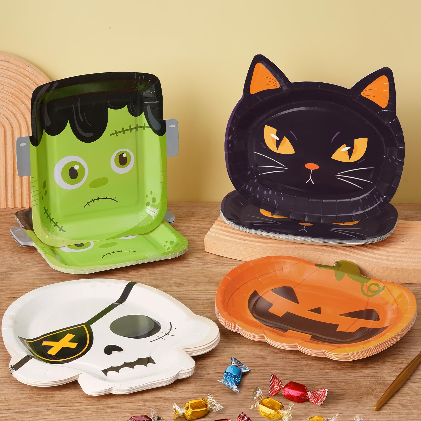 Halloween Plates Set – 48 Pcs Disposable Multicolor Plates with Pumpkin, Cat, Frankenstein & Skull Designs for Spooky Parties
