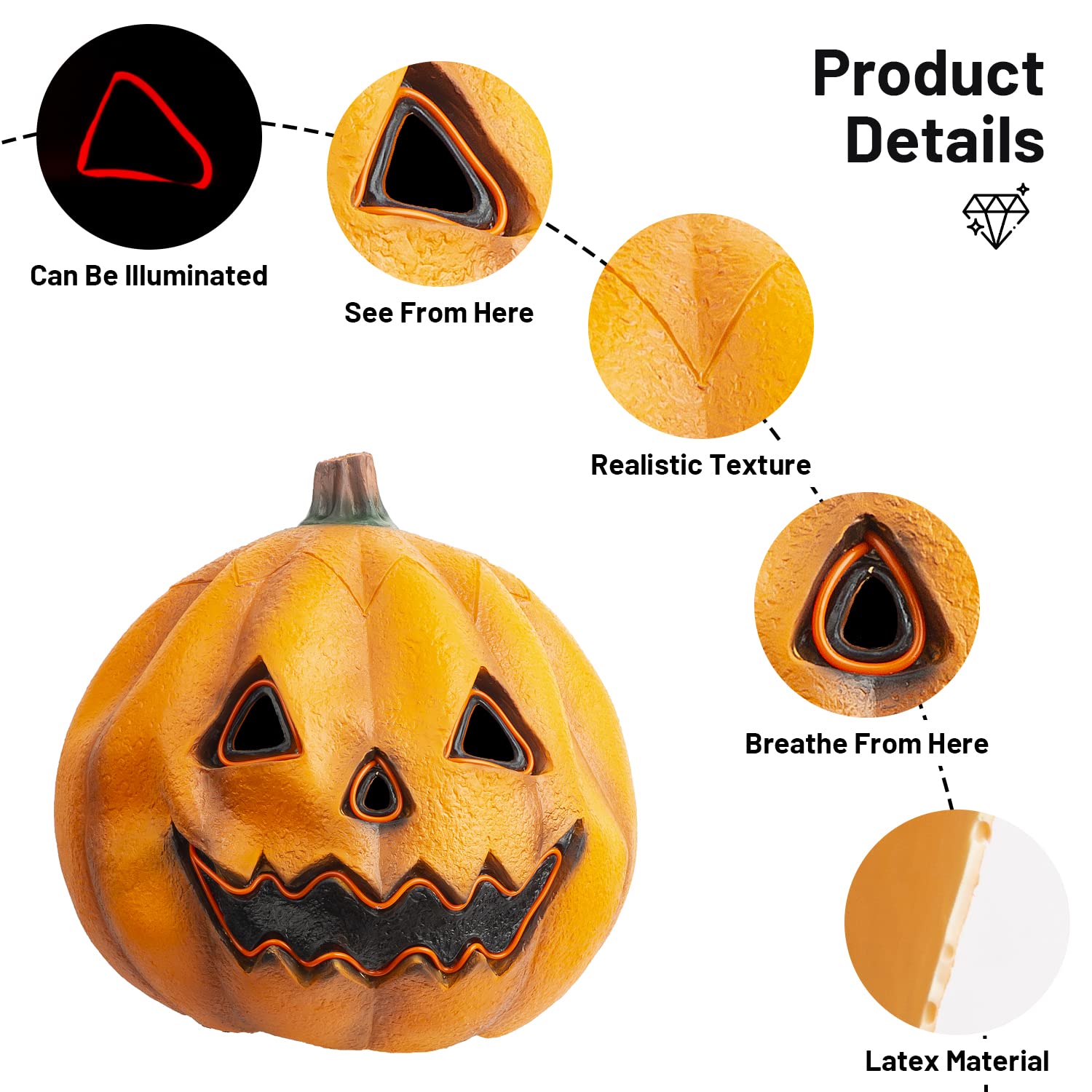Realistic Pumpkin Latex Mask – Scary Halloween Horror Mask for Adults & Kids, Non-Toxic Natural Latex Full Head Mask