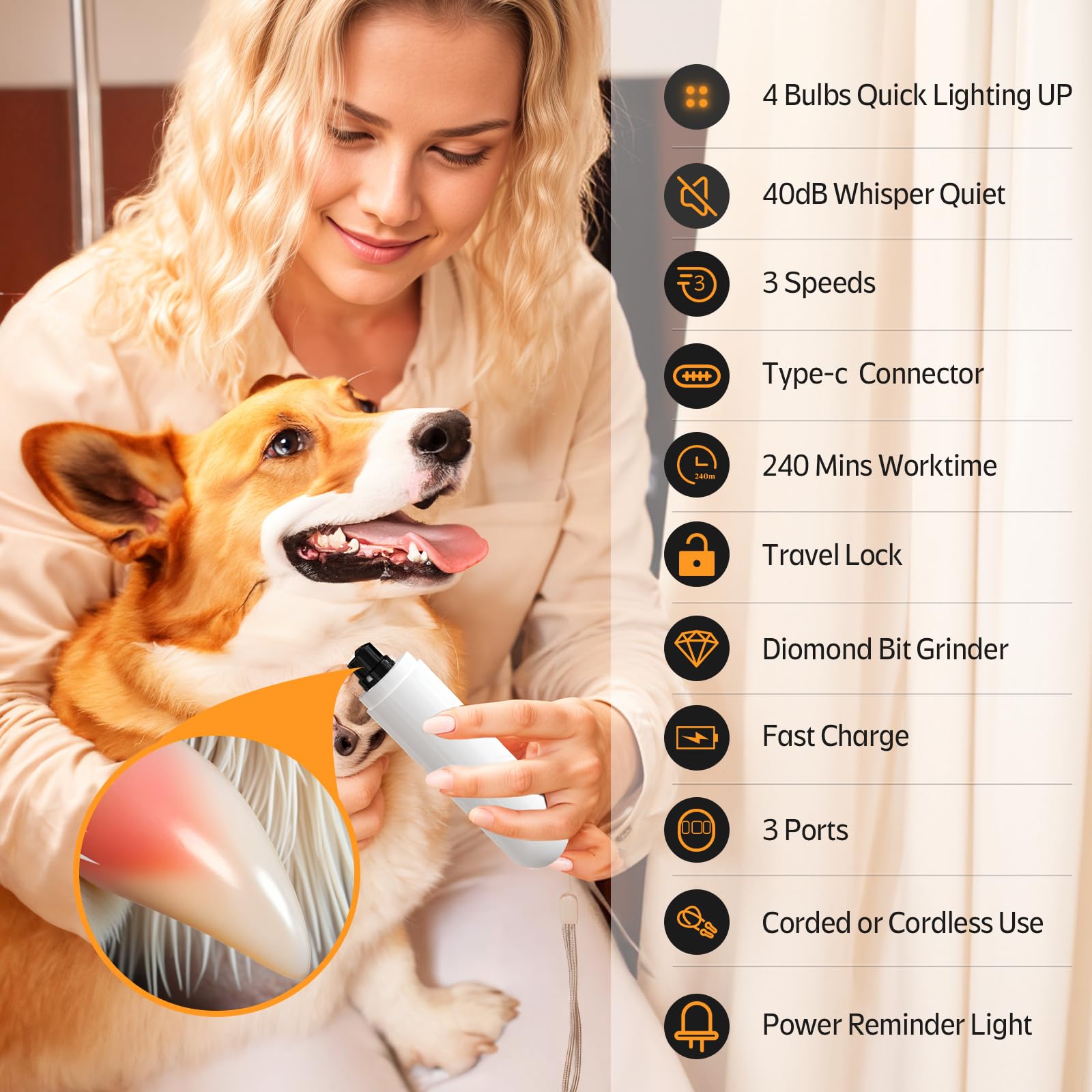 Rechargeable Dog Nail Grinder with 4 LED Lights & Type-C Charging – 3-Speed Quiet Pet Nail Trimmer (White)