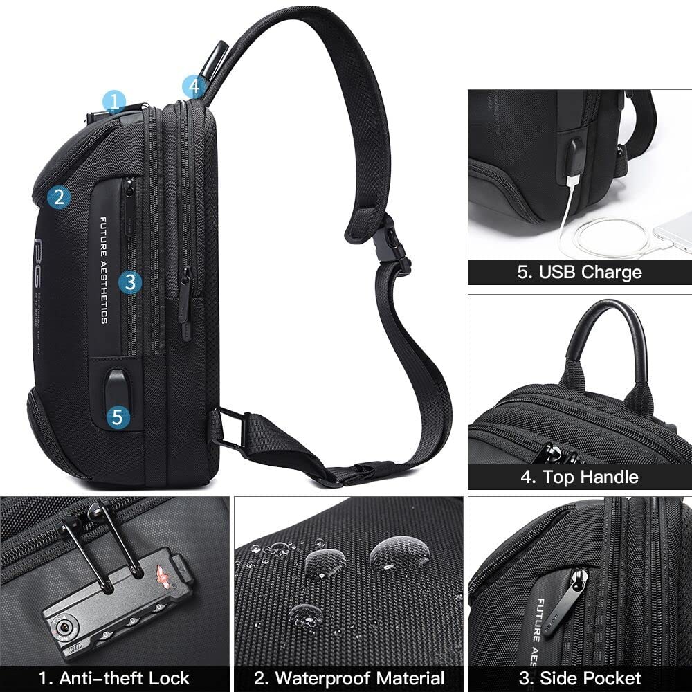 BANGE Anti-Theft Sling Backpack with Lock – Waterproof Crossbody Shoulder Bag with USB Charging Port (Black)