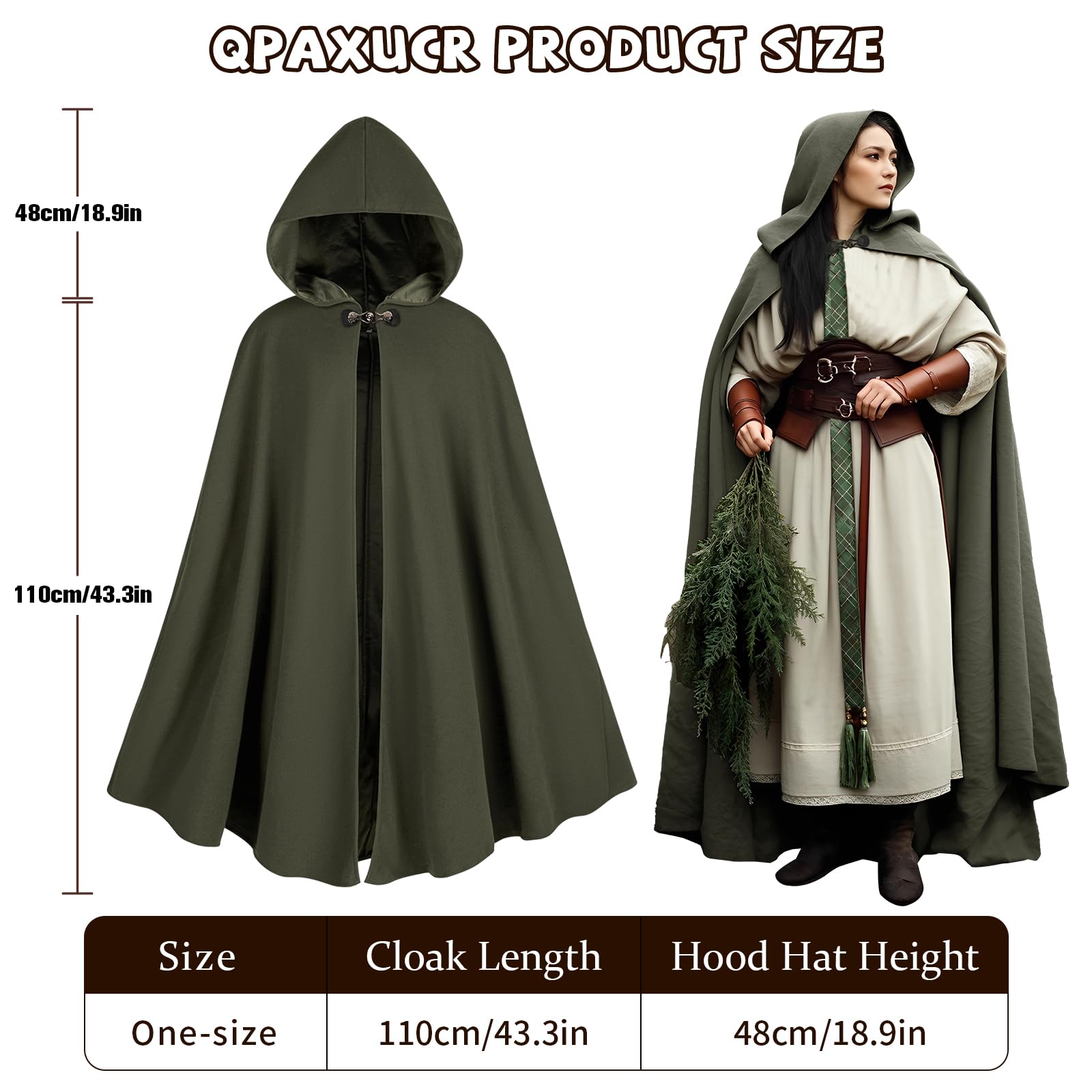 Green Hooded Medieval Cloak – Elf-Inspired Cape with Leaf Brooch & Toggle Closure for Halloween & Cosplay 🍃🧝‍♂️