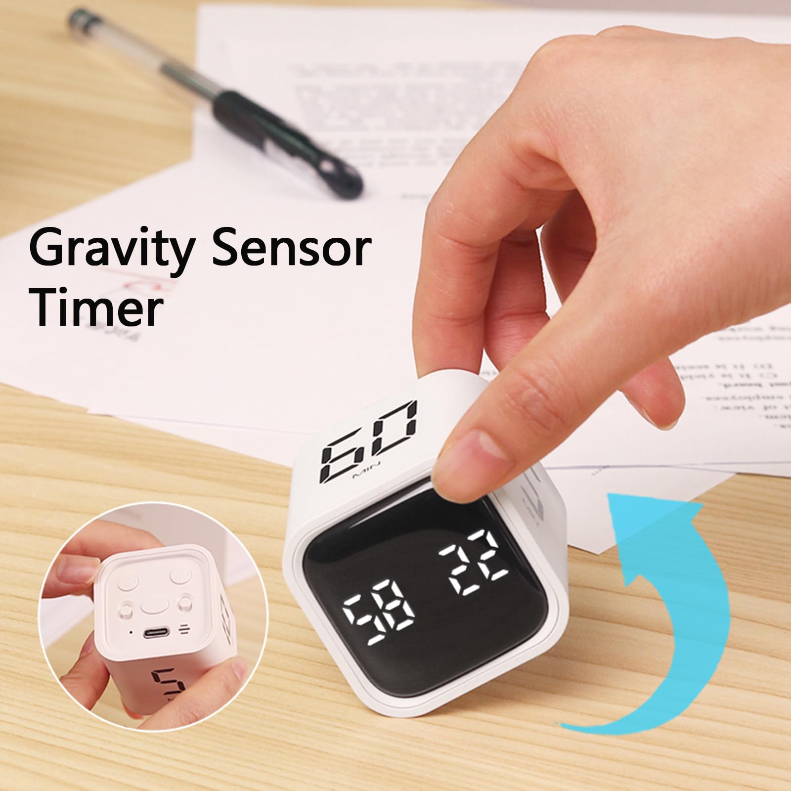 Rotating Cube Pomodoro Timer with Gravity Sensor, Preset 5/10/30/60 Min, Custom Countdown & Stopwatch, Silent Vibration Focus Timer for Office, Study & Kitchen – Black
