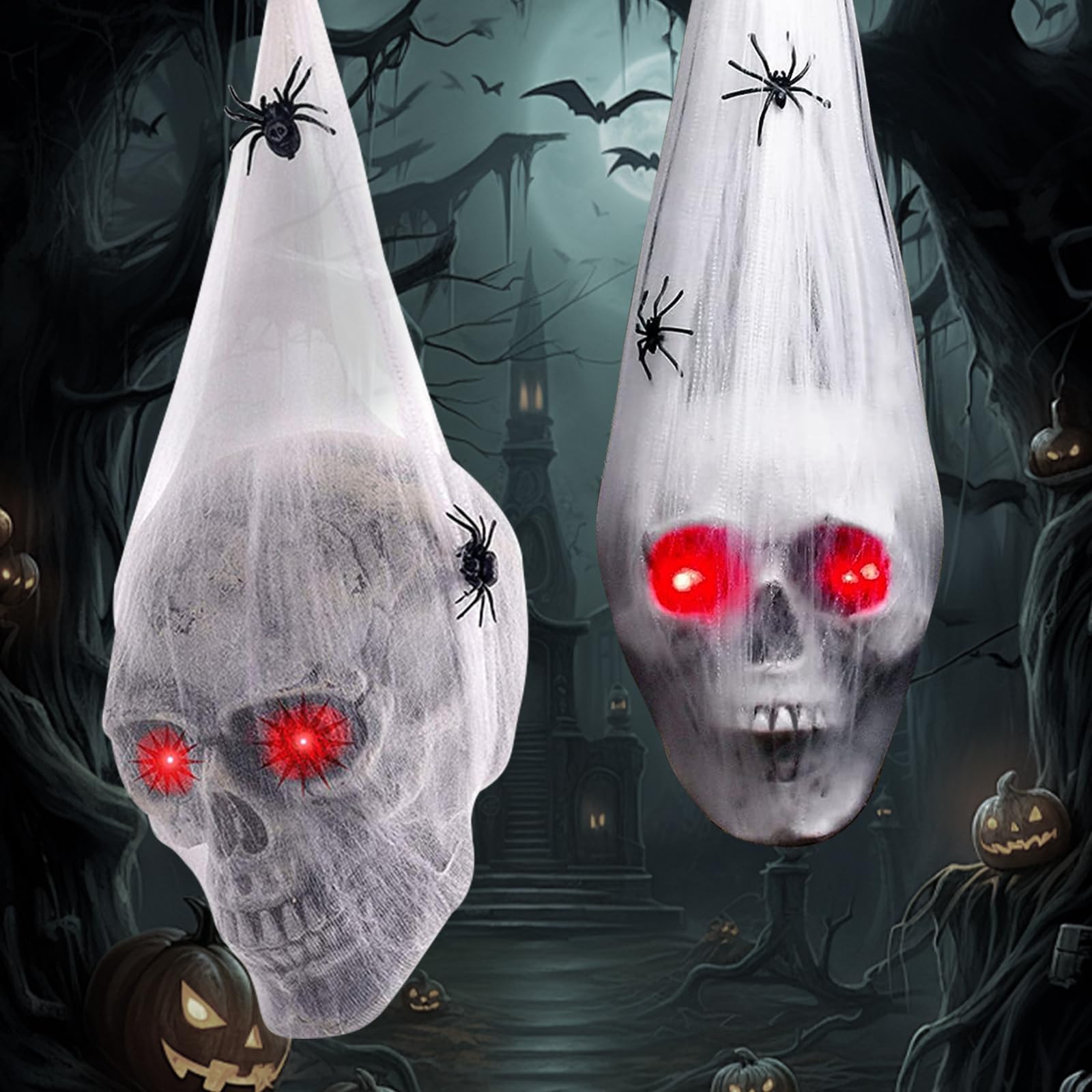 2-Pack Hanging Skull Halloween Decorations with Creepy Spiders & LED Light-Up Eyes – Outdoor & Indoor Haunted Décor
