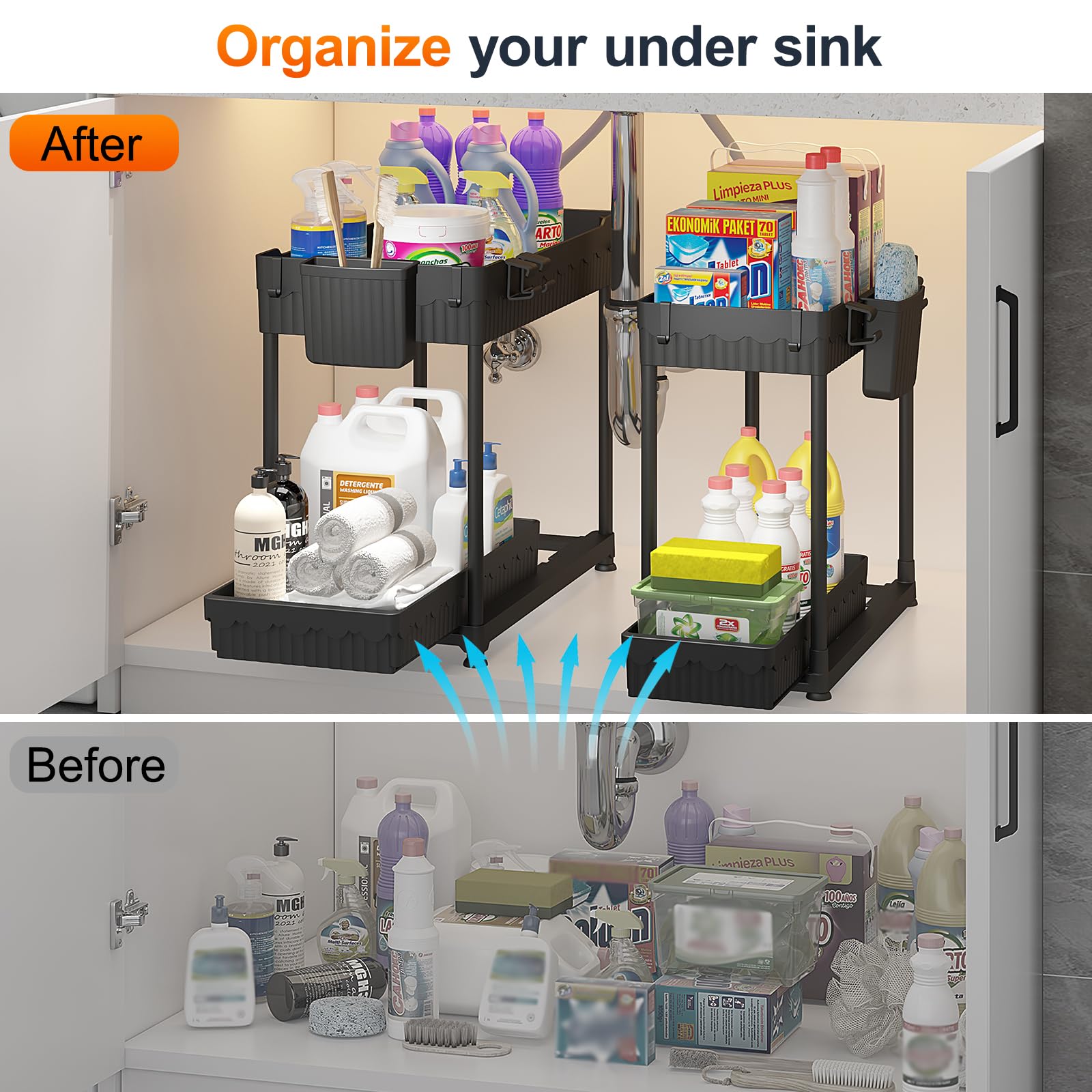 4-Pack Under Sink Organizer Set – 2-Tier Pull-Out Storage with Hooks & Cups (Black)