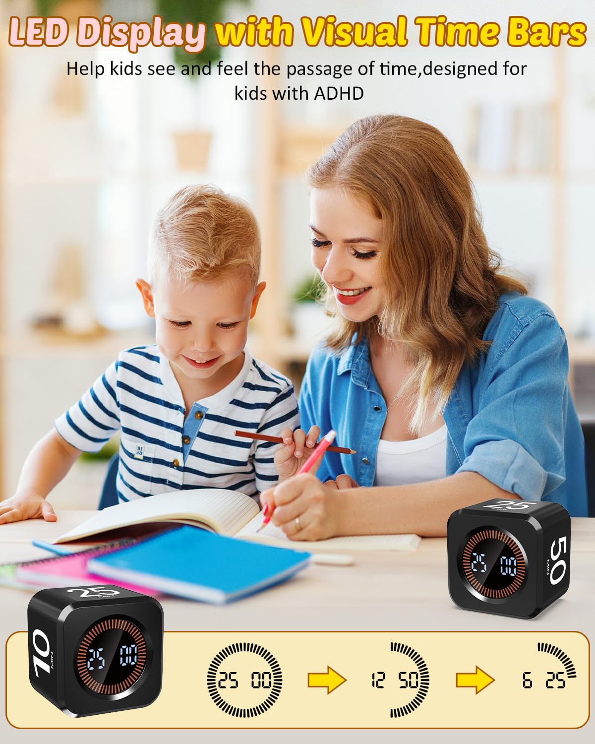 COWVTUJ Black Flip Cube Pomodoro Timer with Visual Time Bars, Silent Focus Mode & USB-C Rechargeable Power