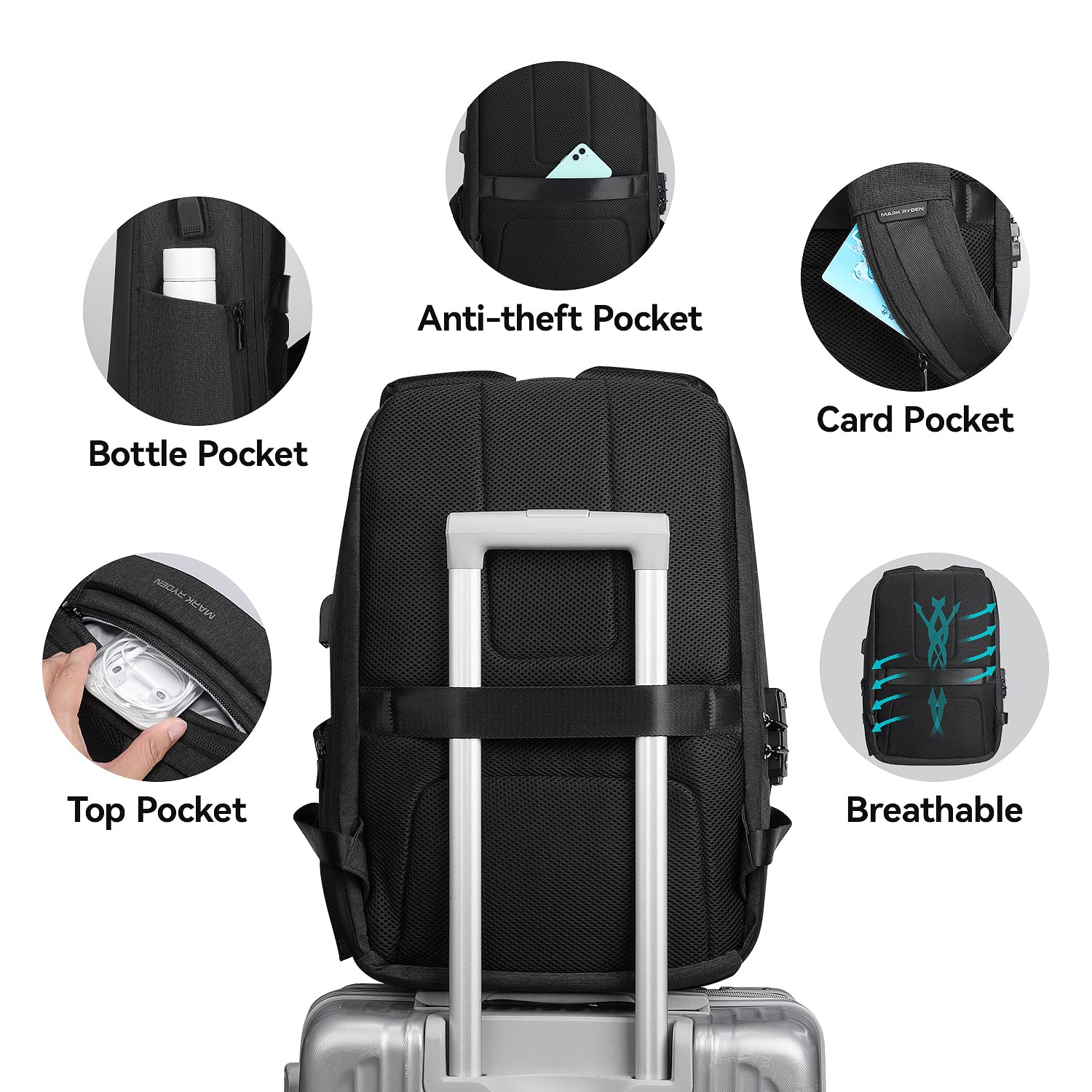 MARK RYDEN Anti-Theft Laptop Backpack with TSA-Approved Lock – Waterproof USB Travel Backpack for 15.6” Notebooks (Black)