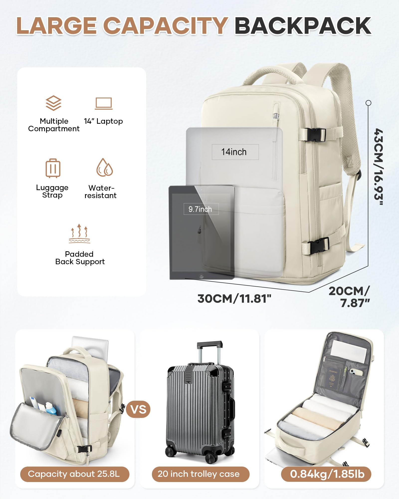 Women’s Large Carry-On Travel Backpack with Shoe Compartment & Wet Pocket – Flight Approved – Beige