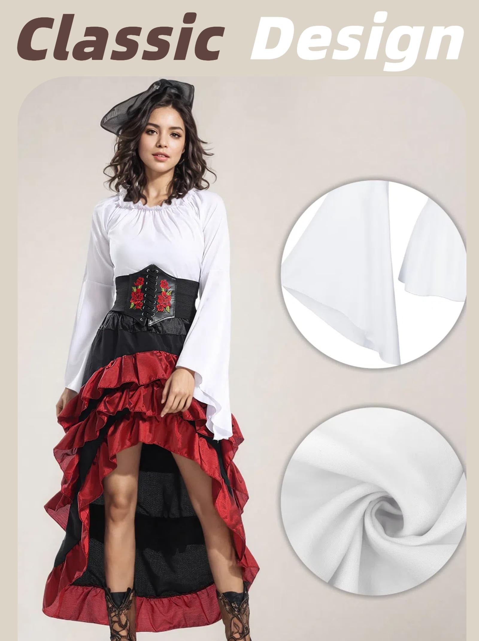 Women’s Renaissance Pirate Costume – White & Red 3-Piece Set with Off-Shoulder Blouse, High-Low Skirt & Corset Waist Belt