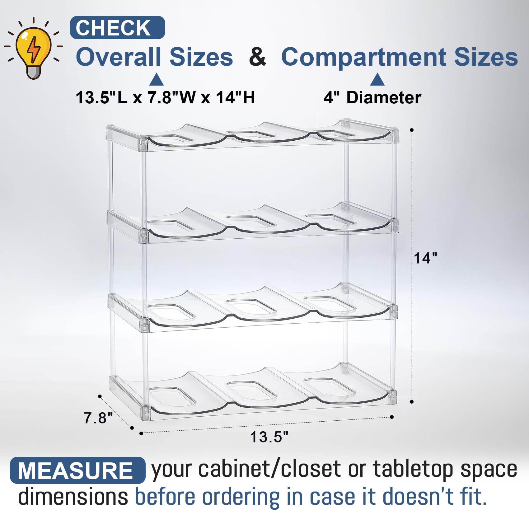 Large Capacity Stackable Water Bottle Organizer – 4-Tier Clear Holder for Large Tumblers & Bottles (Holds 12)