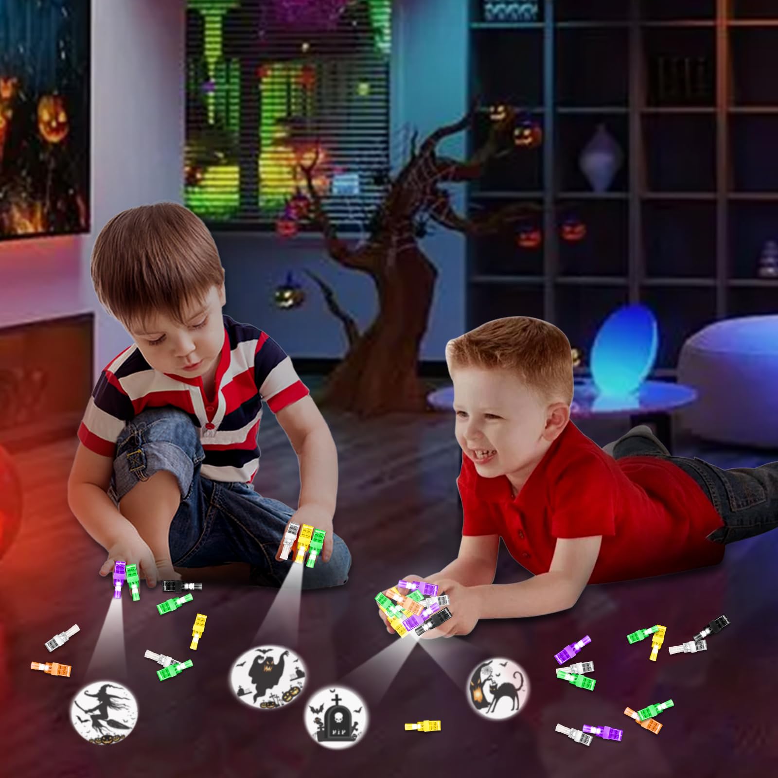 Halloween LED Finger Lights – 36 Pcs Glow-in-the-Dark Finger Projectors for Kids (6 Colors & Designs)