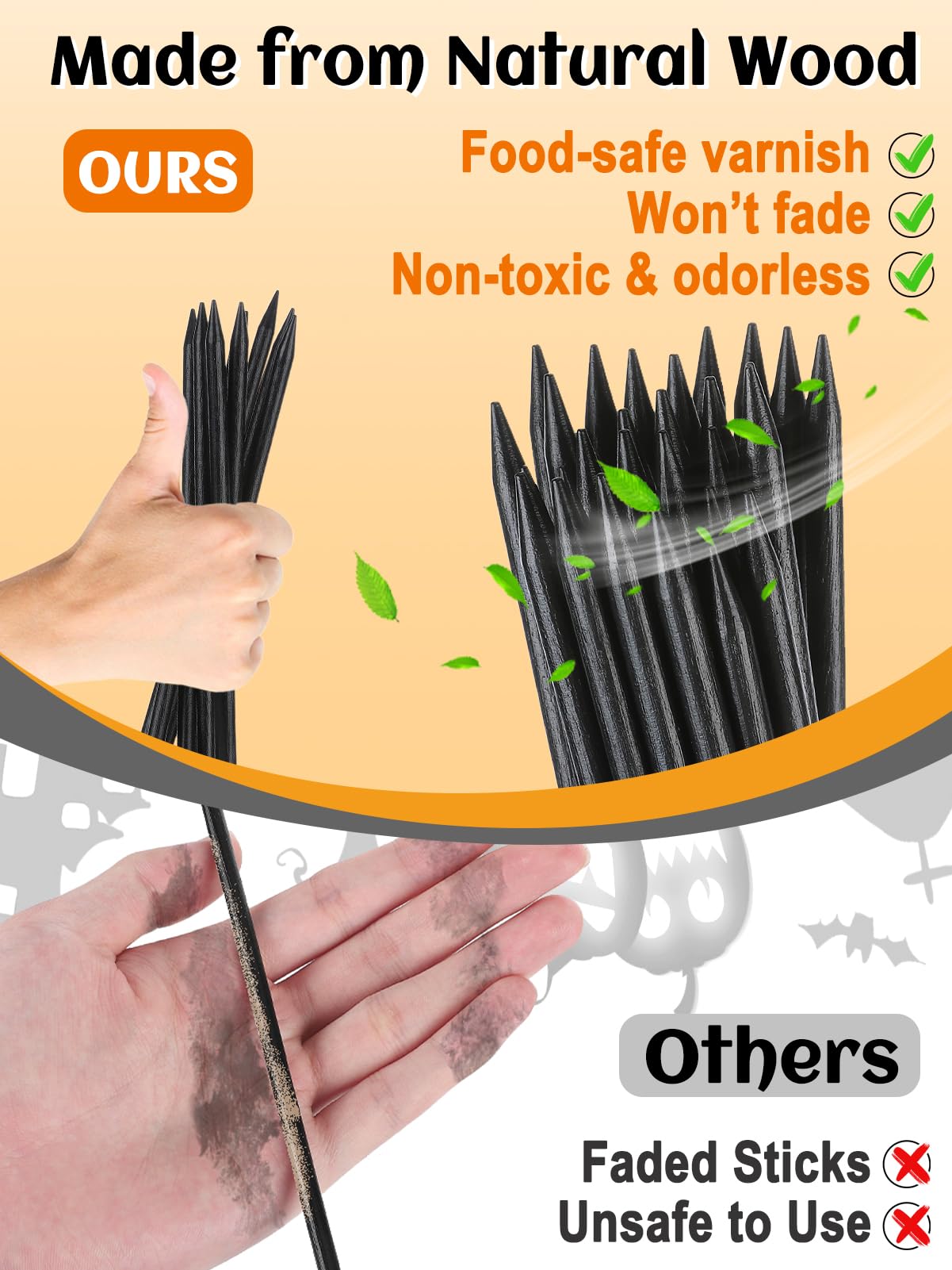 36Pcs Black Candy Apple Sticks – 6 Inch Wooden Caramel Apple Skewers for Halloween Parties, Baking & DIY Dessert Decorations