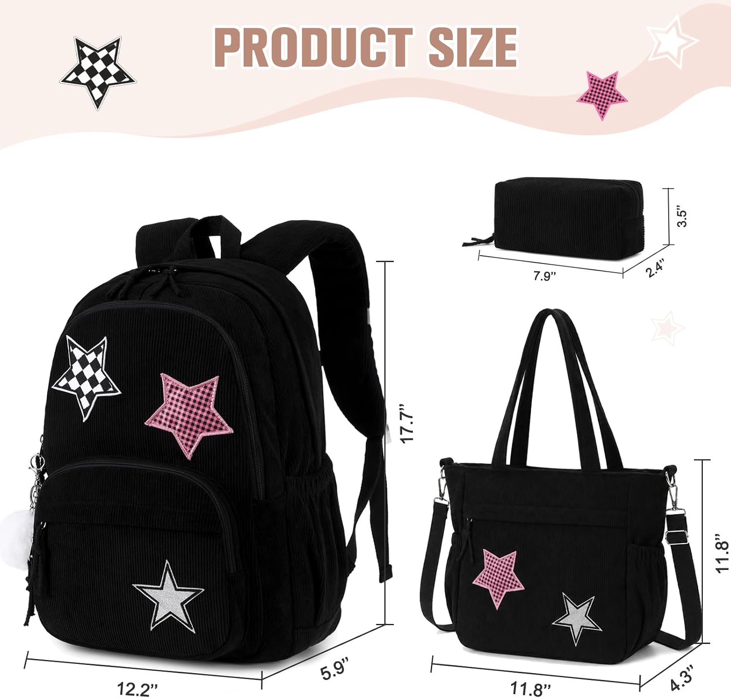 Black Star Corduroy 3-Piece School Backpack Set