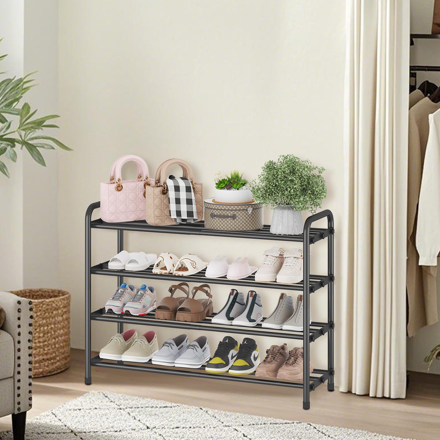 KANAV 4-Tier Expandable Shoe Rack – Adjustable Stainless Steel Shoe Organizer for Entryway & Closet (Black)