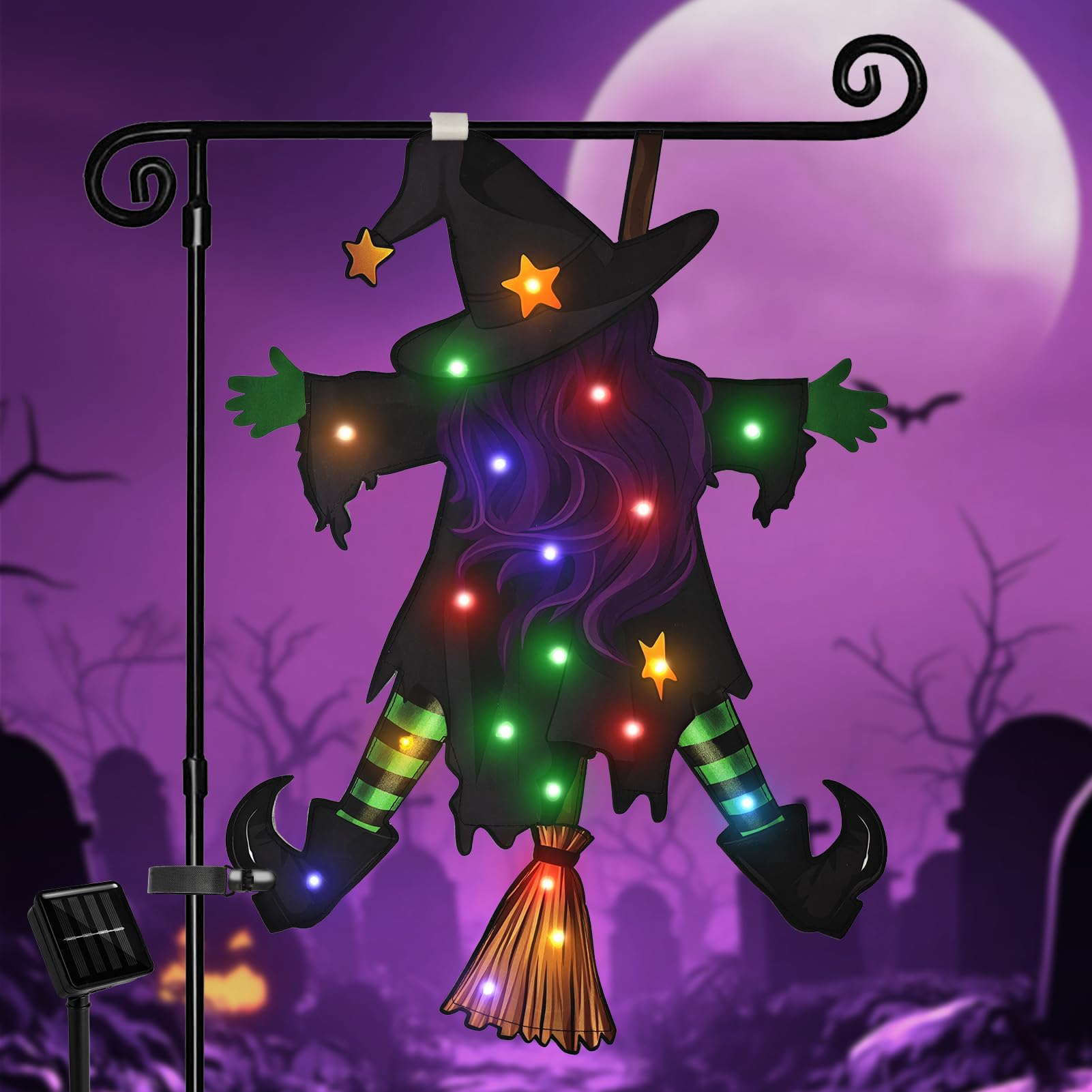 Solar Lighted Halloween Garden Flag – 23x16" Double-Sided Witch Design with 8 Lighting Modes & Weatherproof Fabric
