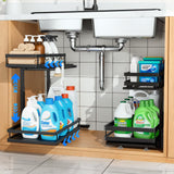 Heavy-Duty Under Sink Organizer with Dual-Rail Ball Bearings – 2-Tier Adjustable Pull-Out Storage, No-Drill Installation (Matte Black, 2-Pack)