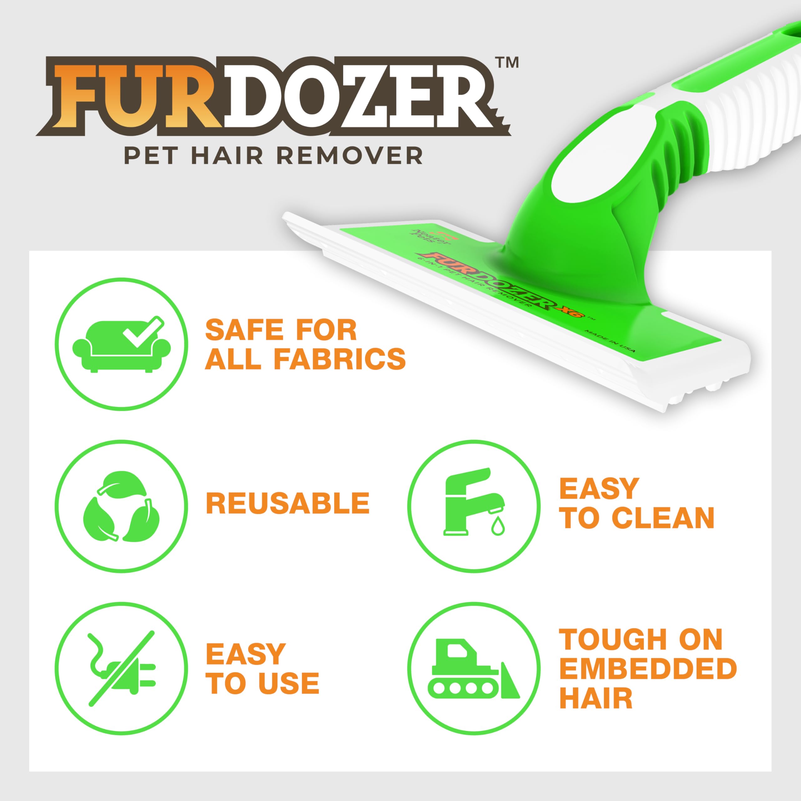 FurDozer X6 Pet Hair Remover Tool with 6-in-1 Design, Reusable Rubber Fur Cleaner for Carpets, Car Interiors, Furniture, and Upholstery