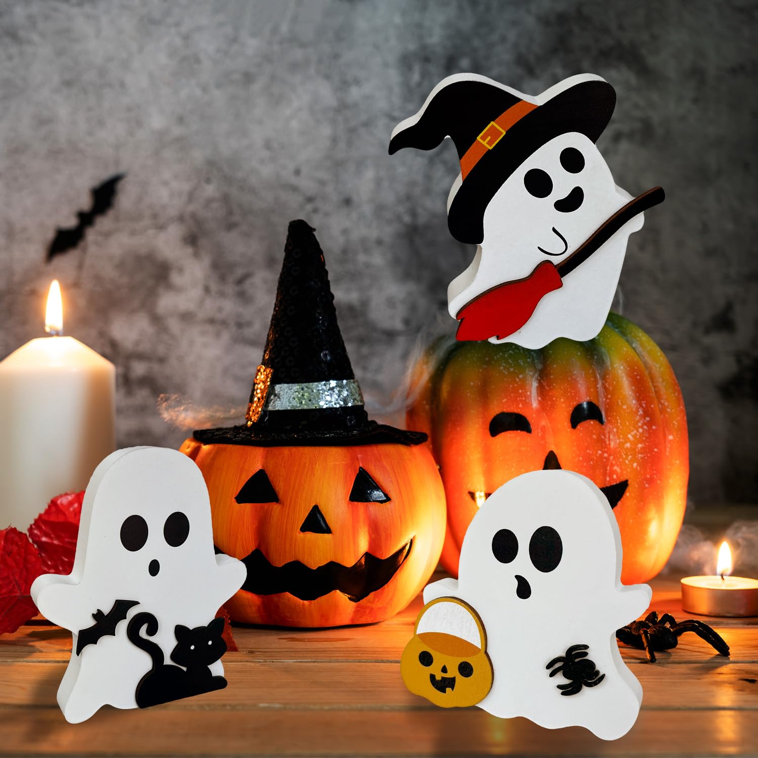 Wooden Ghost Figurines Set – Hand-Painted White Halloween Tabletop Decor for Home, Shelf & Party Display