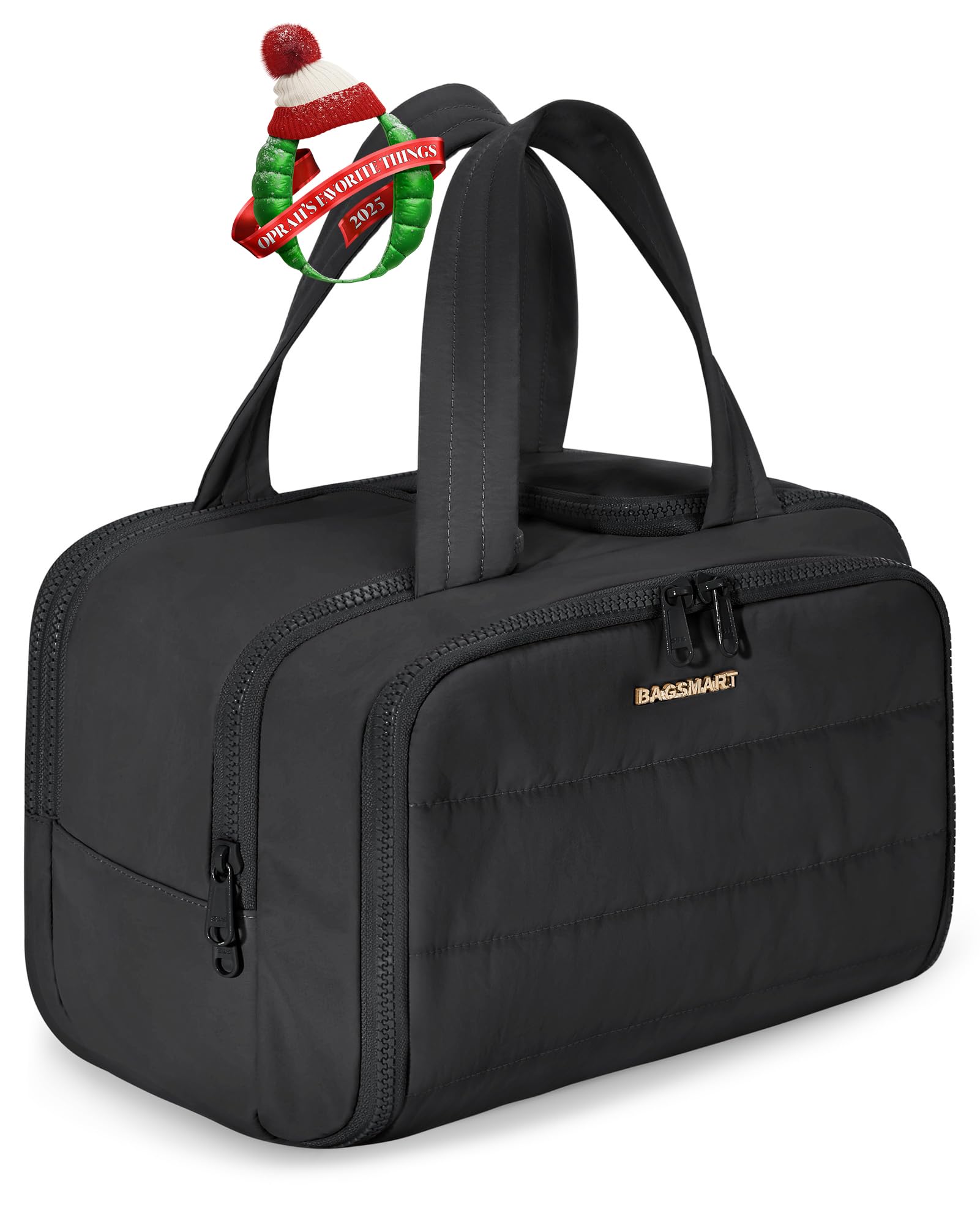 BAGSMART Large Travel Toiletry Bag for Women – Lightweight Wide-Open Puffy Cosmetic & Makeup Organizer with Handle (Black)