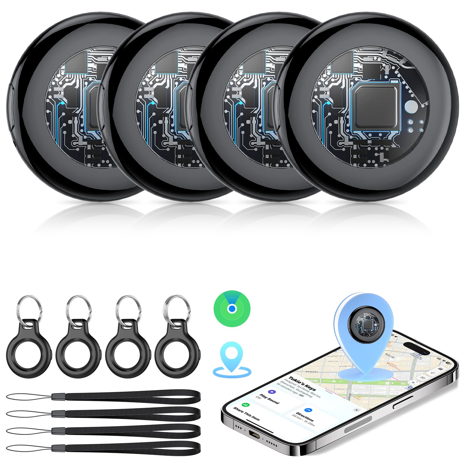 Tukio Bluetooth Tracker Tag 4 Pack, Apple Find My Compatible Item Locator, IP67 Waterproof Smart Key Finder with Loud Alert and Replaceable Battery